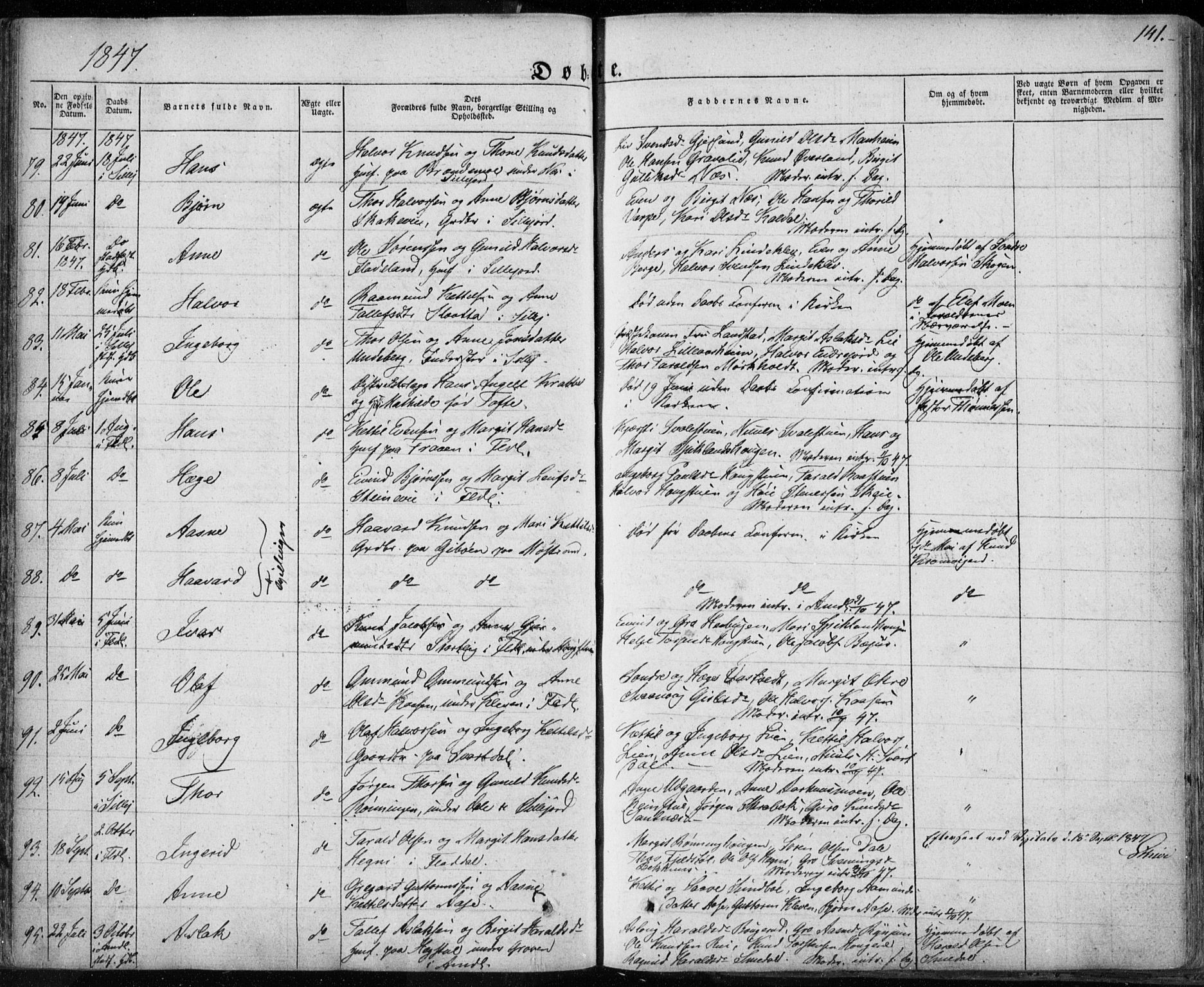 Seljord kirkebøker, AV/SAKO-A-20/F/Fa/L0011: Parish register (official) no. I 11, 1831-1849, p. 141