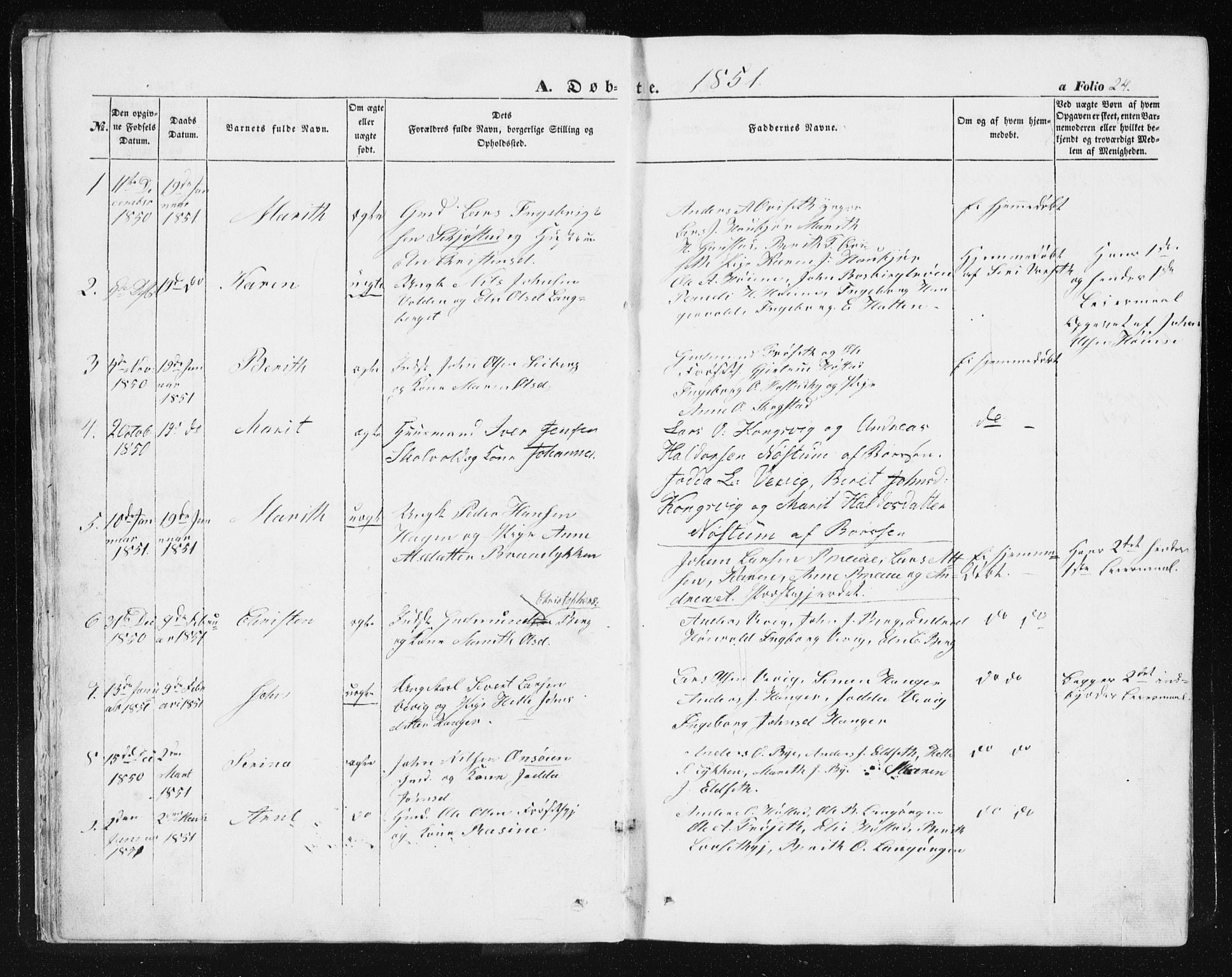 Ministerialprotokoller, klokkerbøker og fødselsregistre - Sør-Trøndelag, SAT/A-1456/612/L0376: Parish register (official) no. 612A08, 1846-1859, p. 24