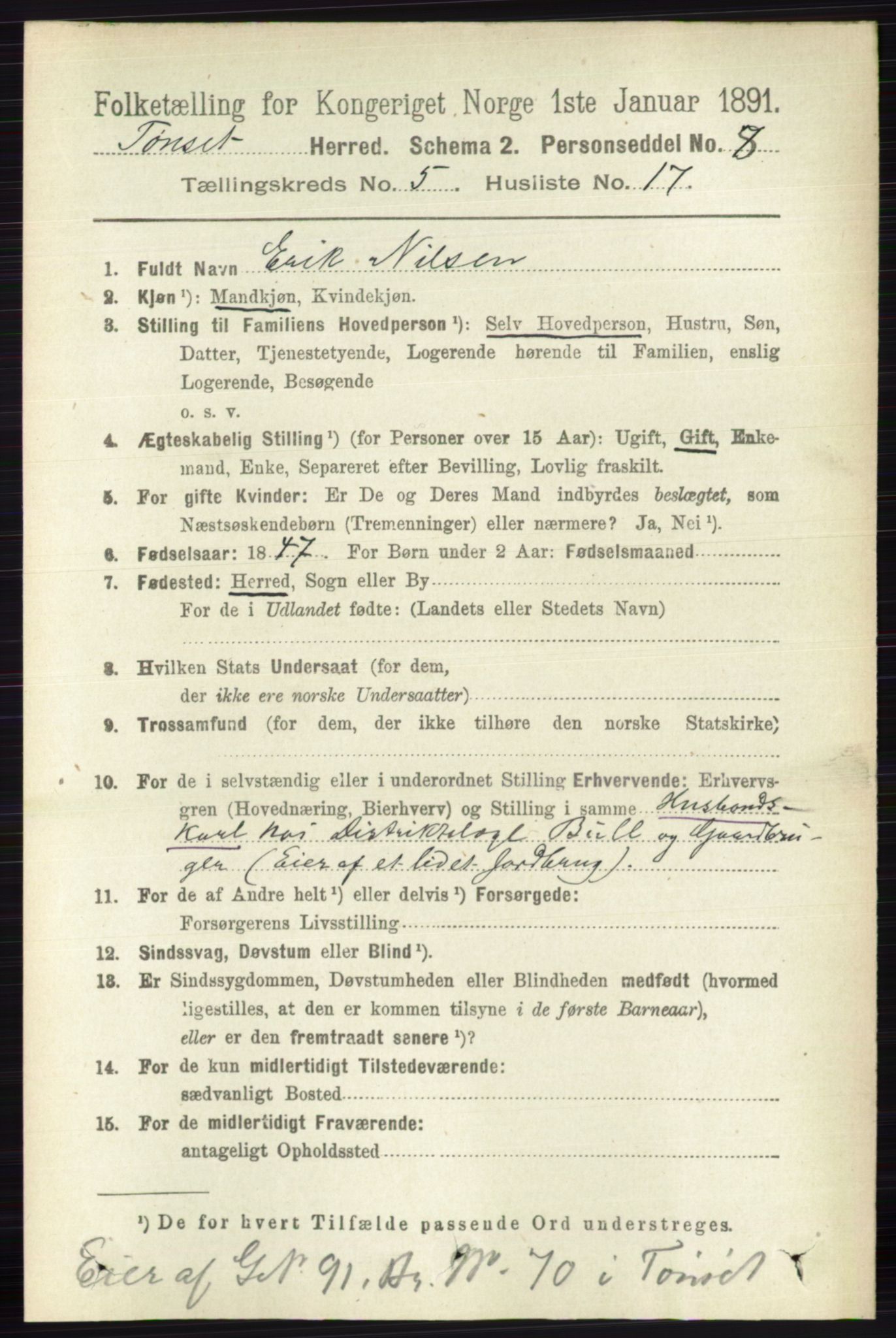 RA, 1891 census for 0437 Tynset, 1891, p. 1177