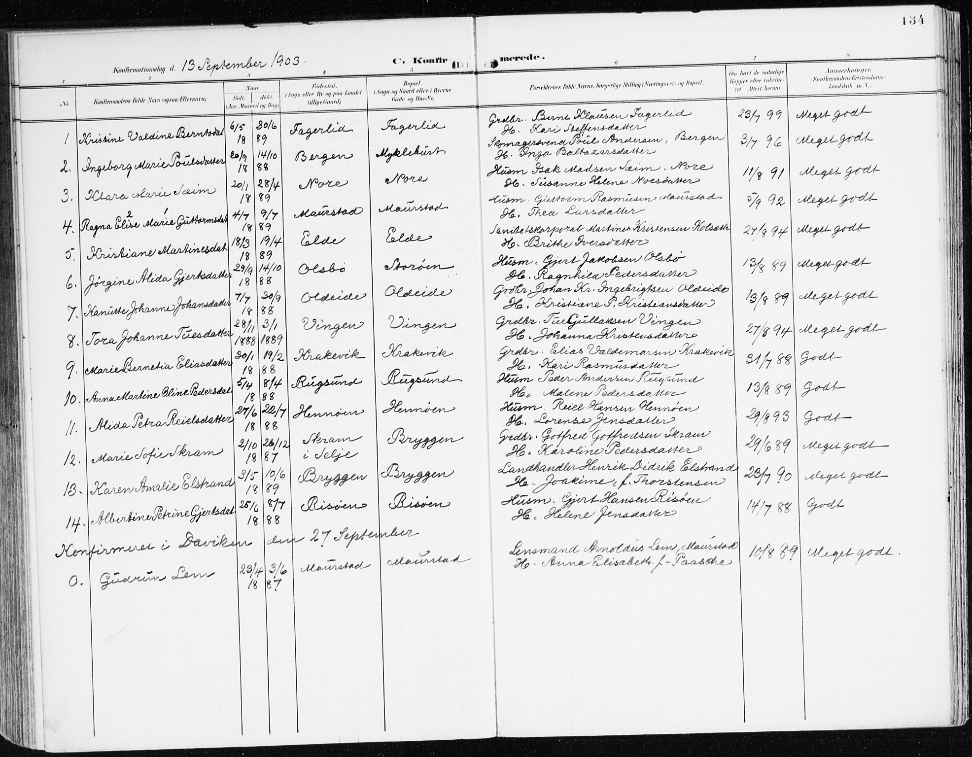 Davik sokneprestembete, AV/SAB-A-79701/H/Haa/Haad/L0002: Parish register (official) no. D 2, 1901-1930, p. 134