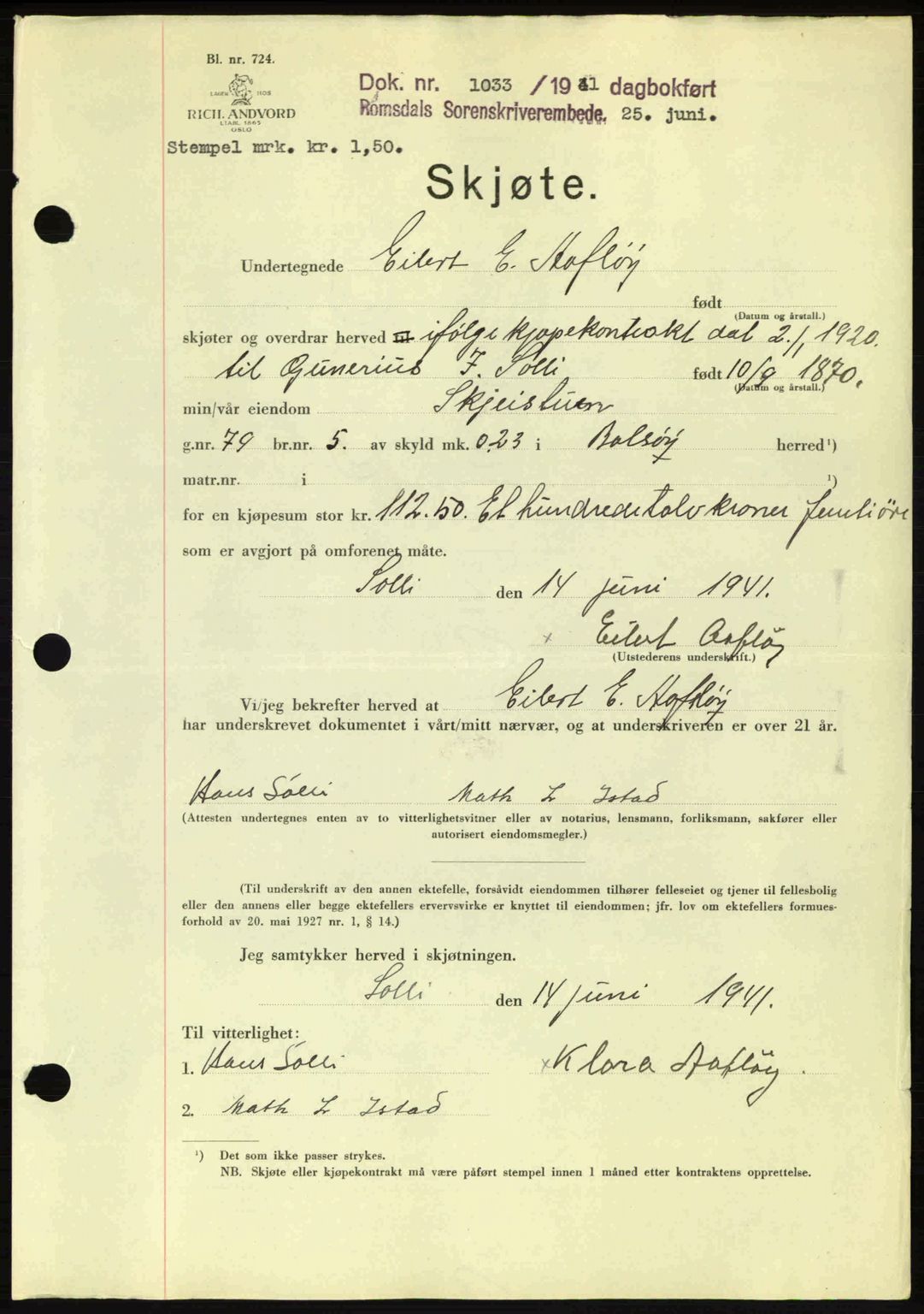 Romsdal sorenskriveri, AV/SAT-A-4149/1/2/2C: Mortgage book no. A10, 1941-1941, Diary no: : 1033/1941