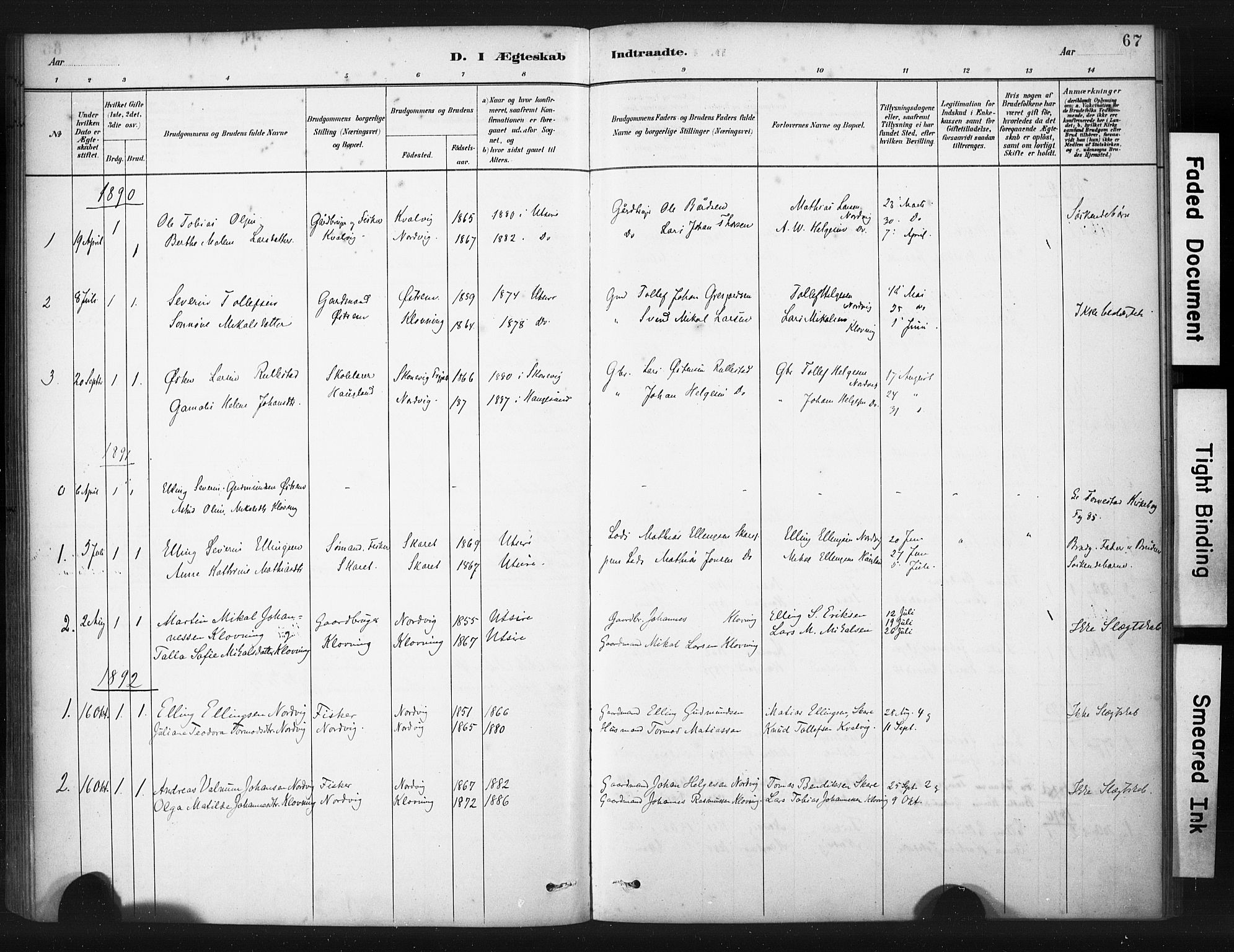 Torvastad sokneprestkontor, AV/SAST-A -101857/H/Ha/Haa/L0016: Parish register (official) no. A 15, 1883-1903, p. 67