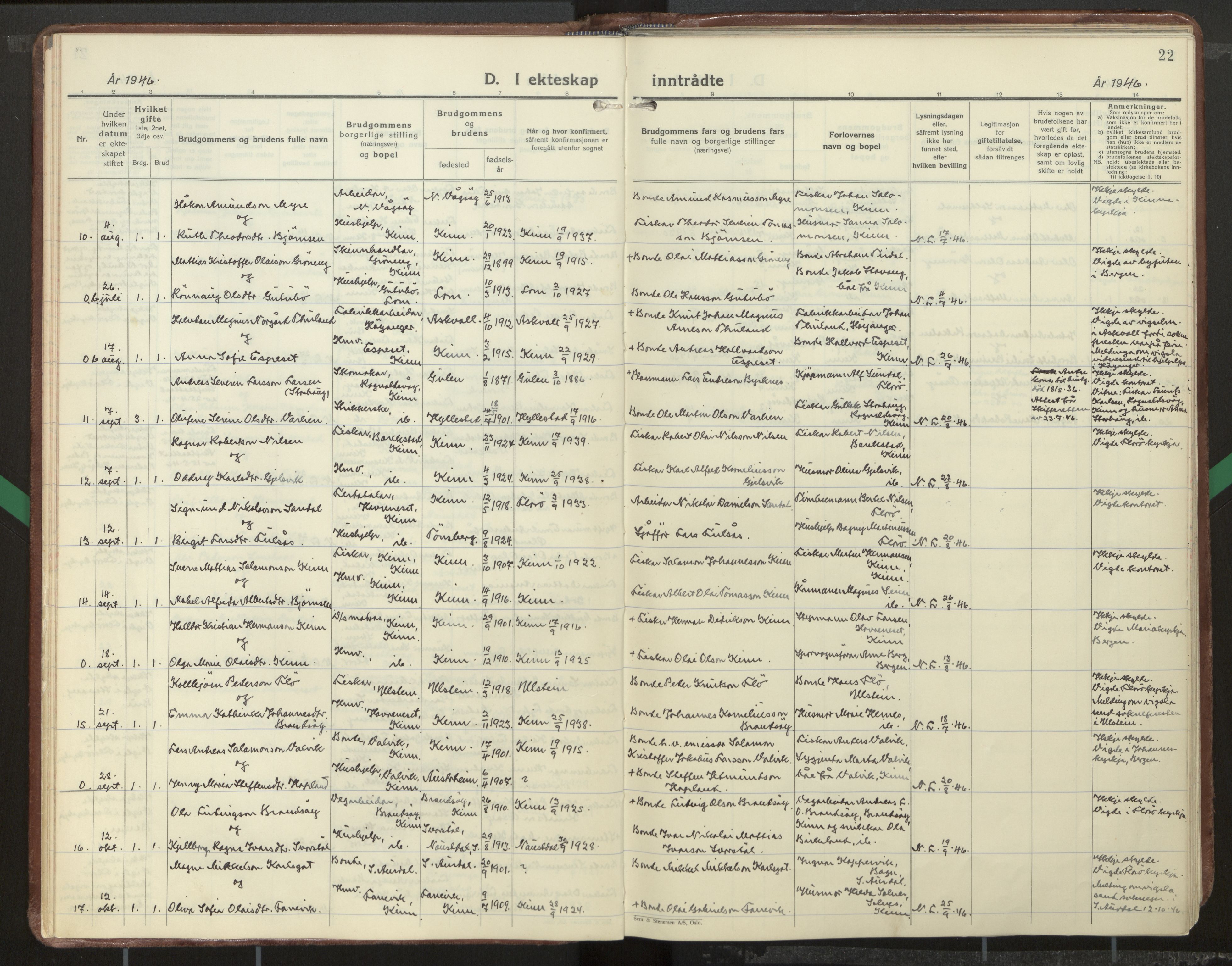 Kinn sokneprestembete, AV/SAB-A-80801/H/Haa/Haab/L0012: Parish register (official) no. B 12, 1937-1968, p. 22