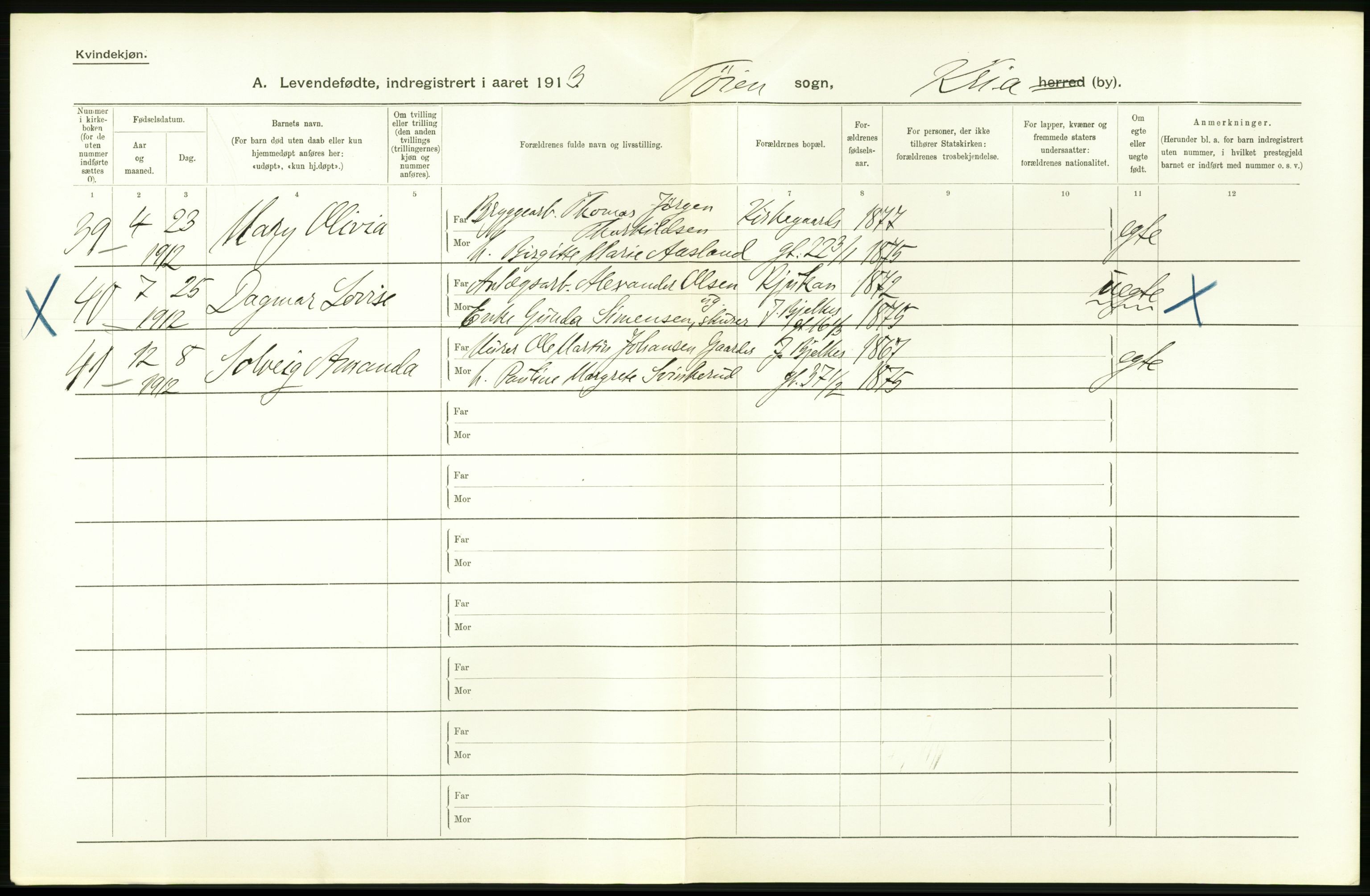 Statistisk sentralbyrå, Sosiodemografiske emner, Befolkning, AV/RA-S-2228/D/Df/Dfb/Dfbc/L0007: Kristiania: Levendefødte menn og kvinner., 1913, p. 586