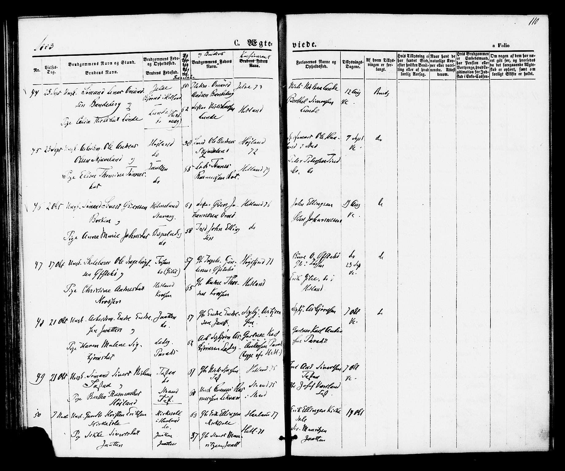 Hetland sokneprestkontor, AV/SAST-A-101826/30/30BA/L0005: Parish register (official) no. A 5, 1869-1884, p. 110