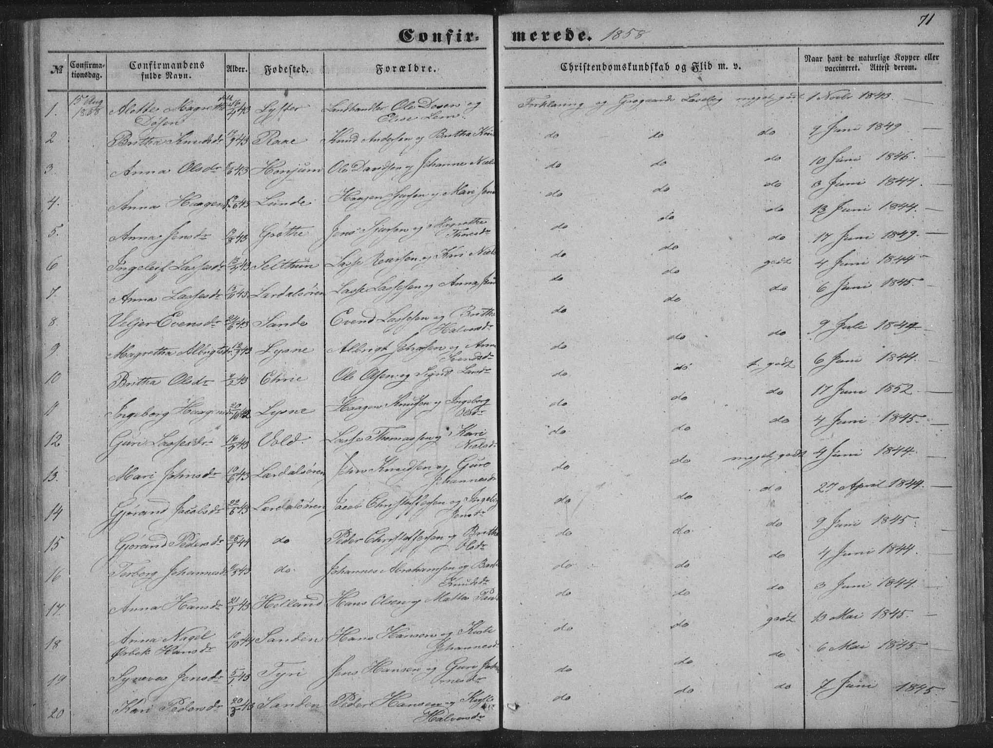 Lærdal sokneprestembete, SAB/A-81201: Parish register (official) no. A 13, 1847-1864, p. 71