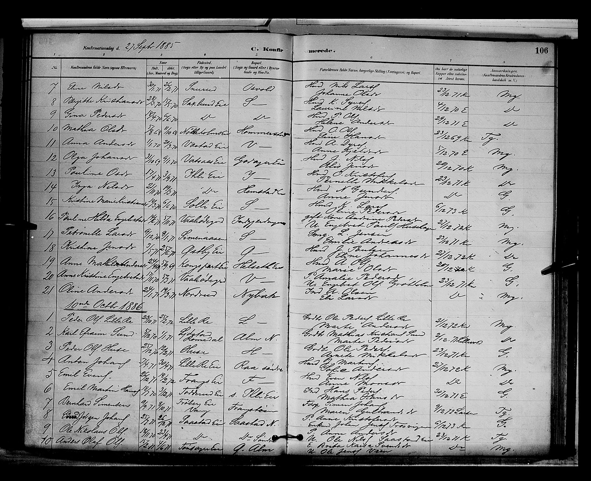 Stange prestekontor, SAH/PREST-002/L/L0009: Parish register (copy) no. 9, 1883-1899, p. 106