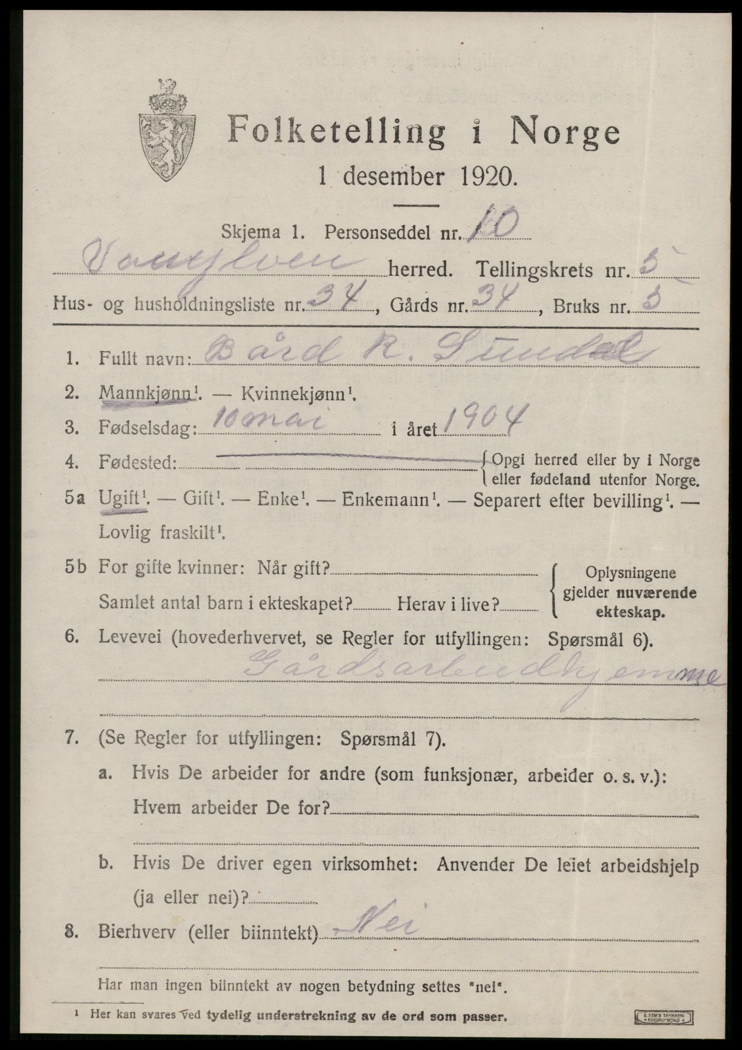 SAT, 1920 census for Vanylven, 1920, p. 3271