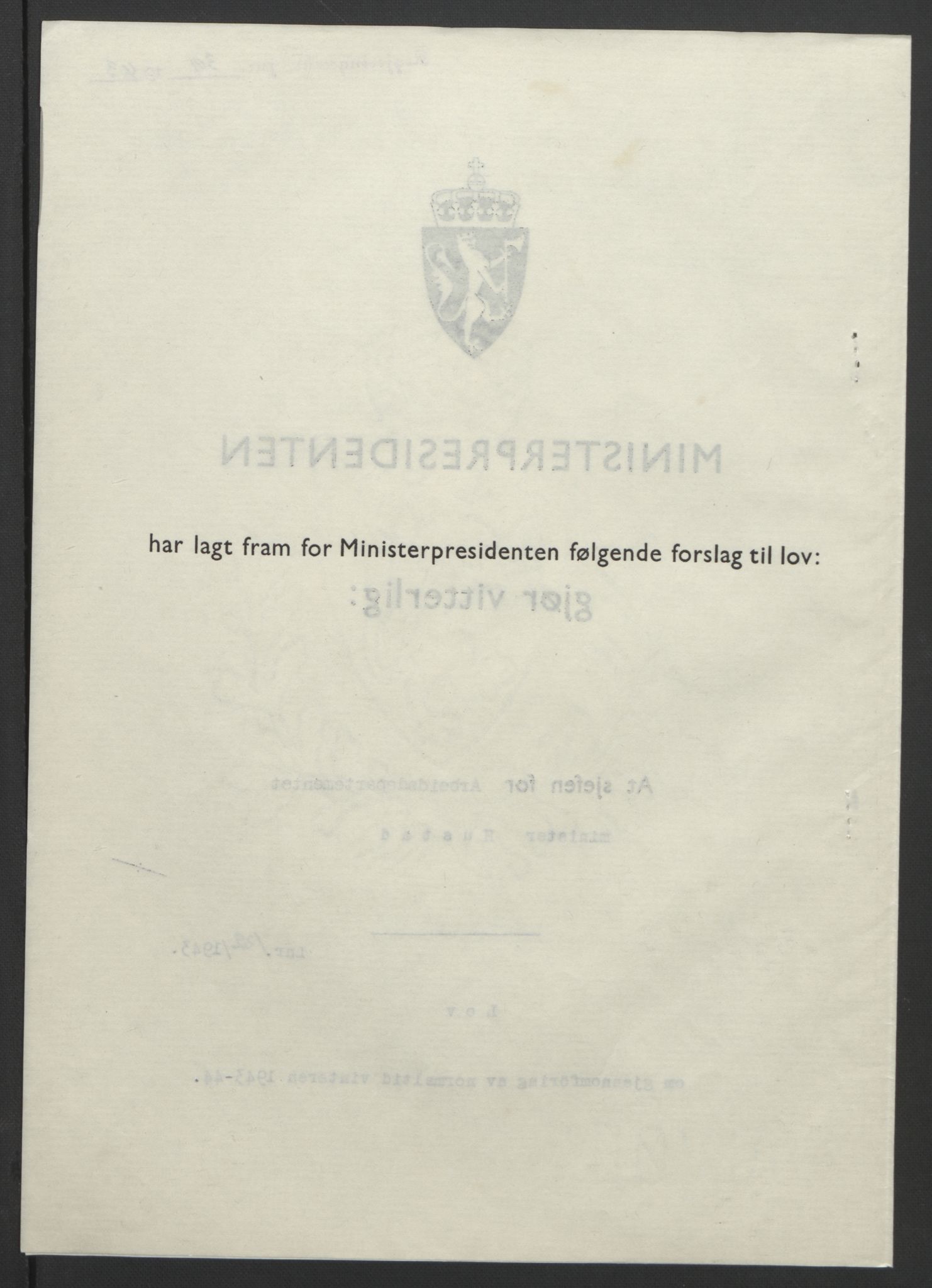 NS-administrasjonen 1940-1945 (Statsrådsekretariatet, de kommisariske statsråder mm), RA/S-4279/D/Db/L0099: Lover, 1943, p. 569