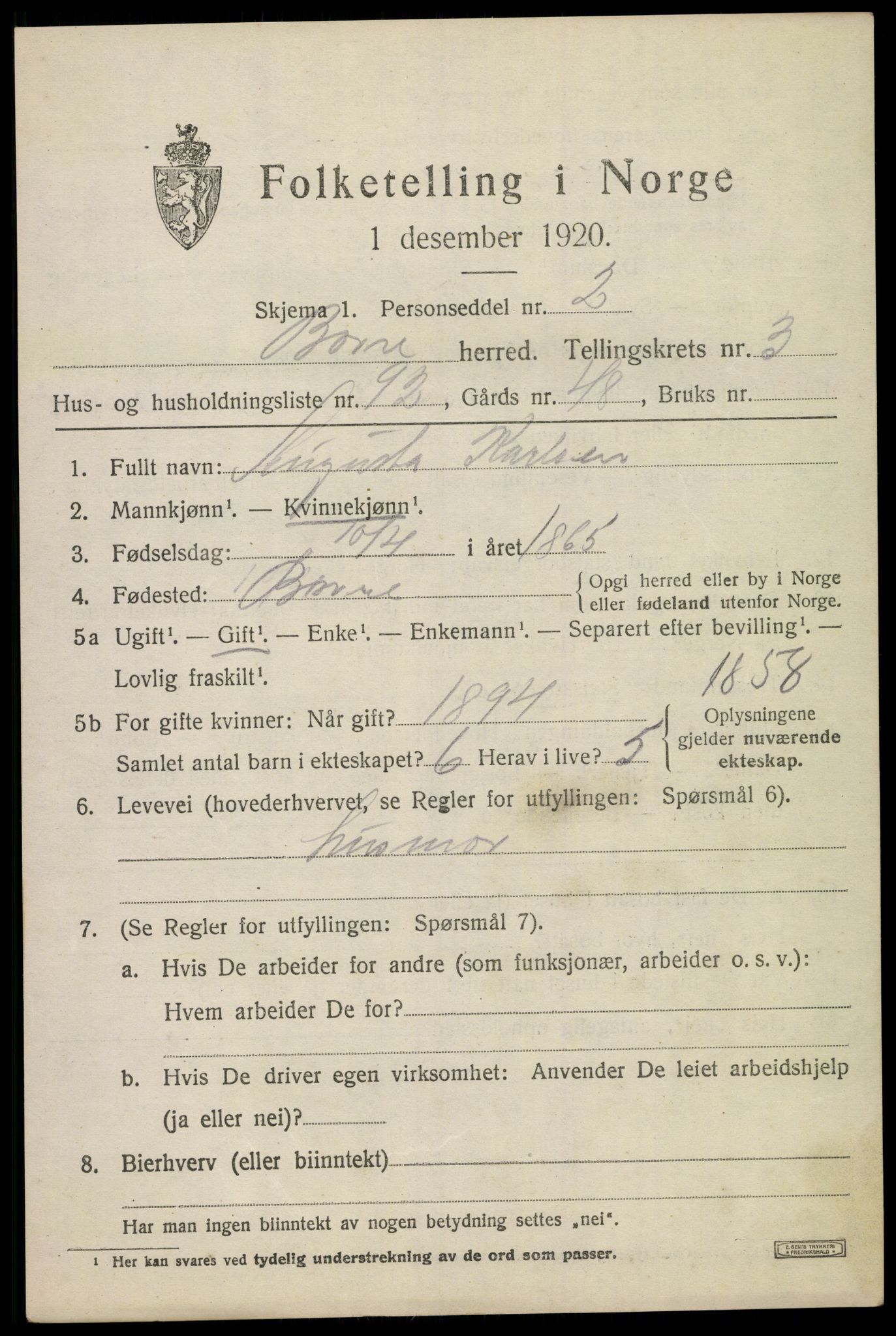 SAKO, 1920 census for Borre, 1920, p. 7114