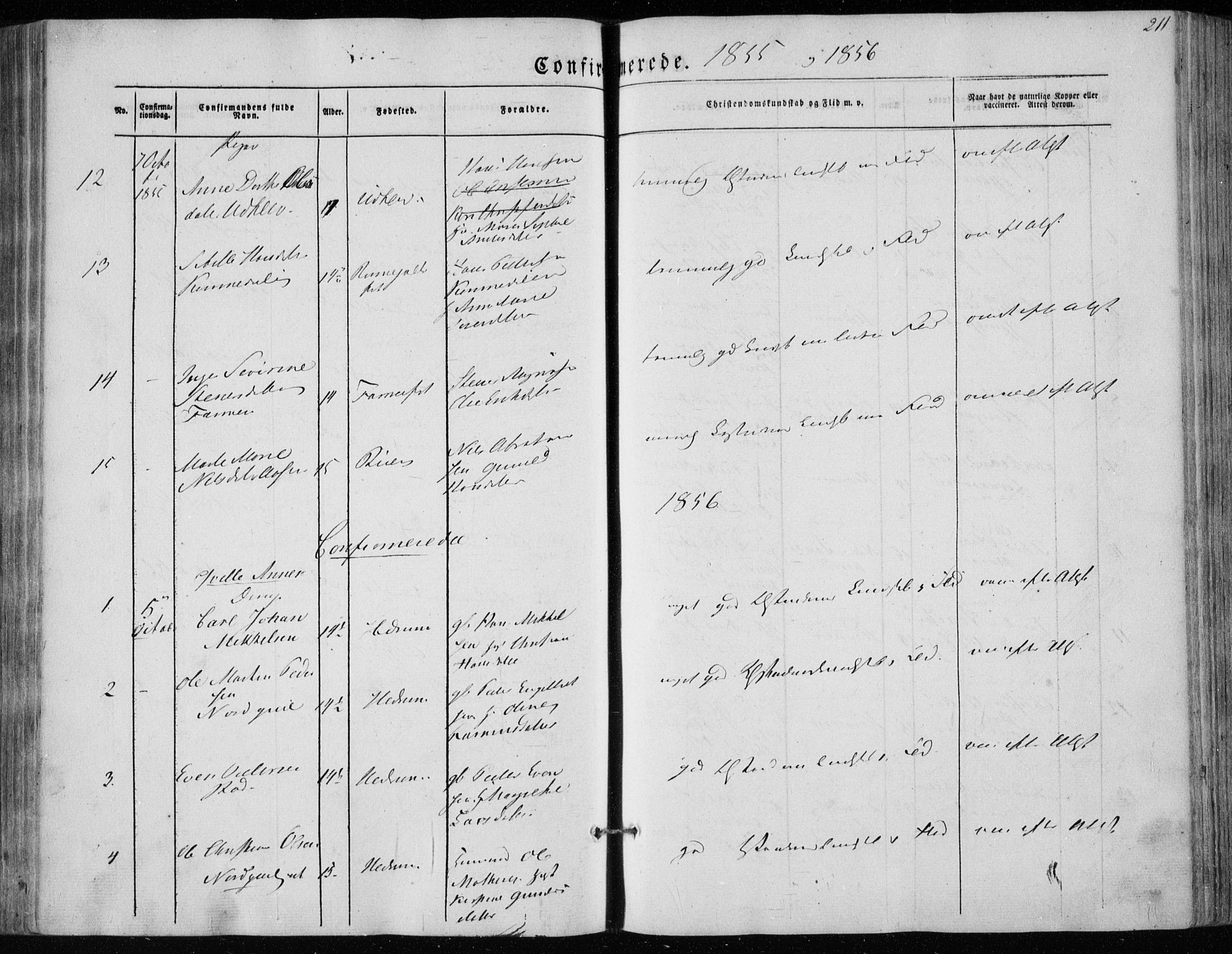 Hedrum kirkebøker, SAKO/A-344/F/Fa/L0006: Parish register (official) no. I 6, 1849-1857, p. 211