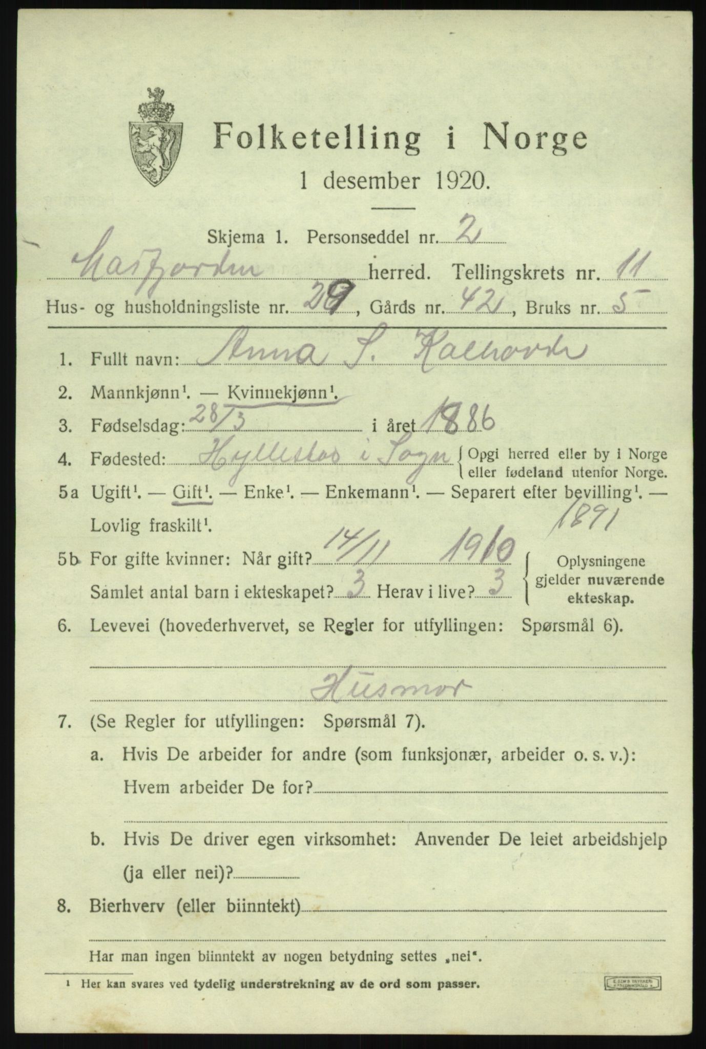 SAB, 1920 census for Masfjorden, 1920, p. 4469