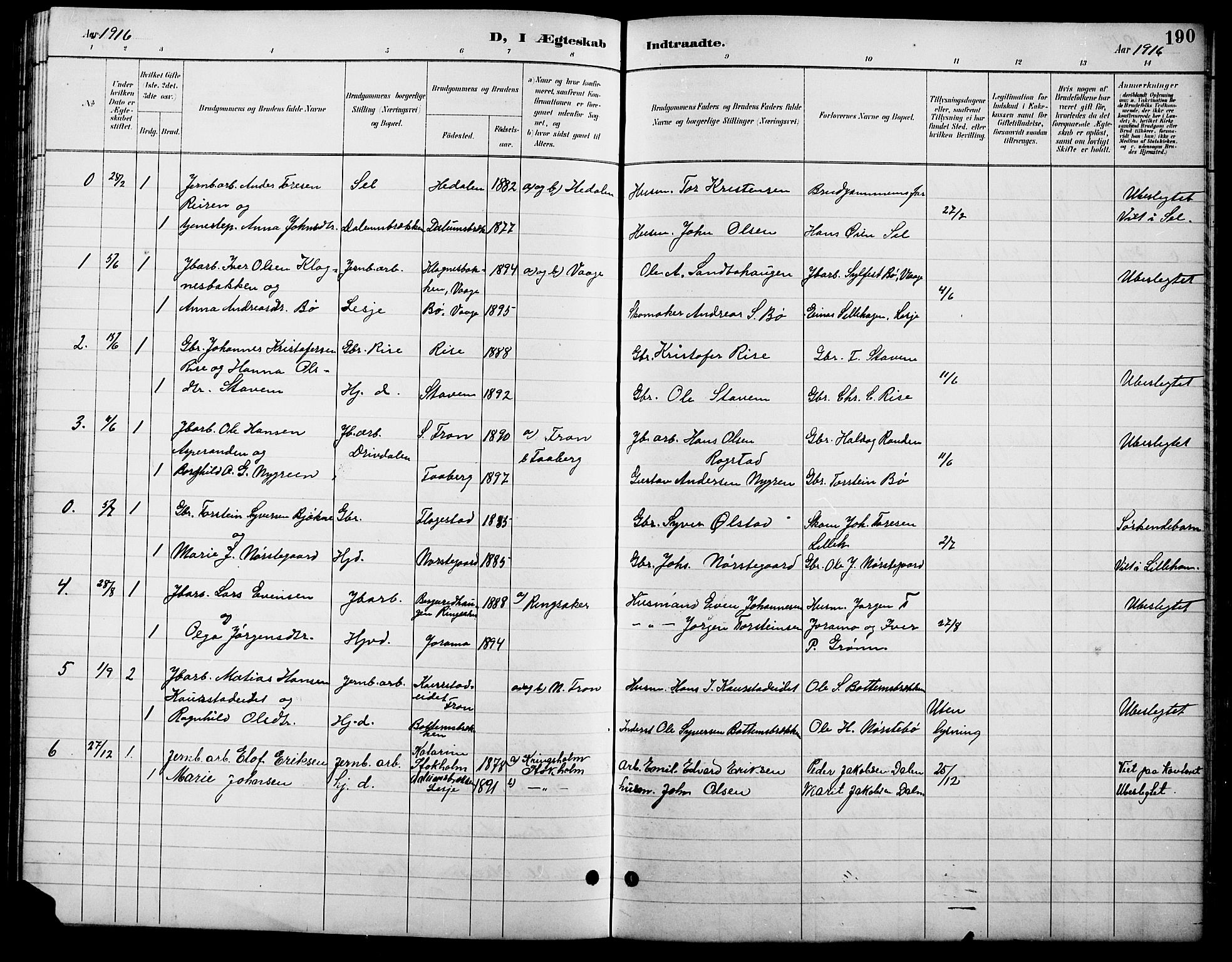 Lesja prestekontor, SAH/PREST-068/H/Ha/Hab/L0007: Parish register (copy) no. 7, 1895-1919, p. 190