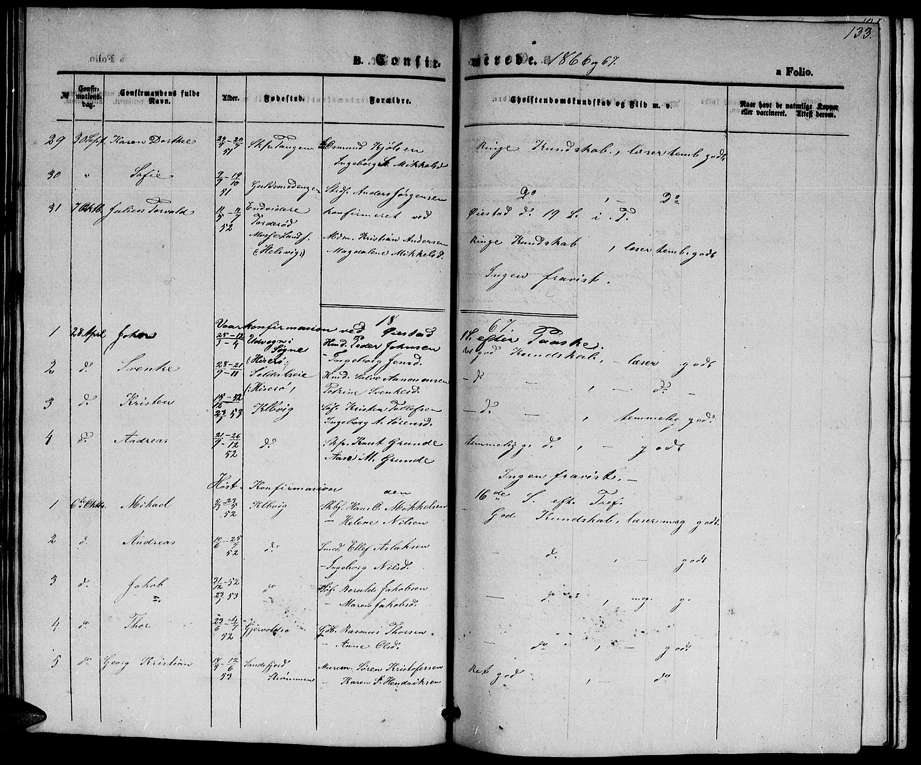 Hisøy sokneprestkontor, SAK/1111-0020/F/Fb/L0001: Parish register (copy) no. B 1, 1849-1872, p. 133