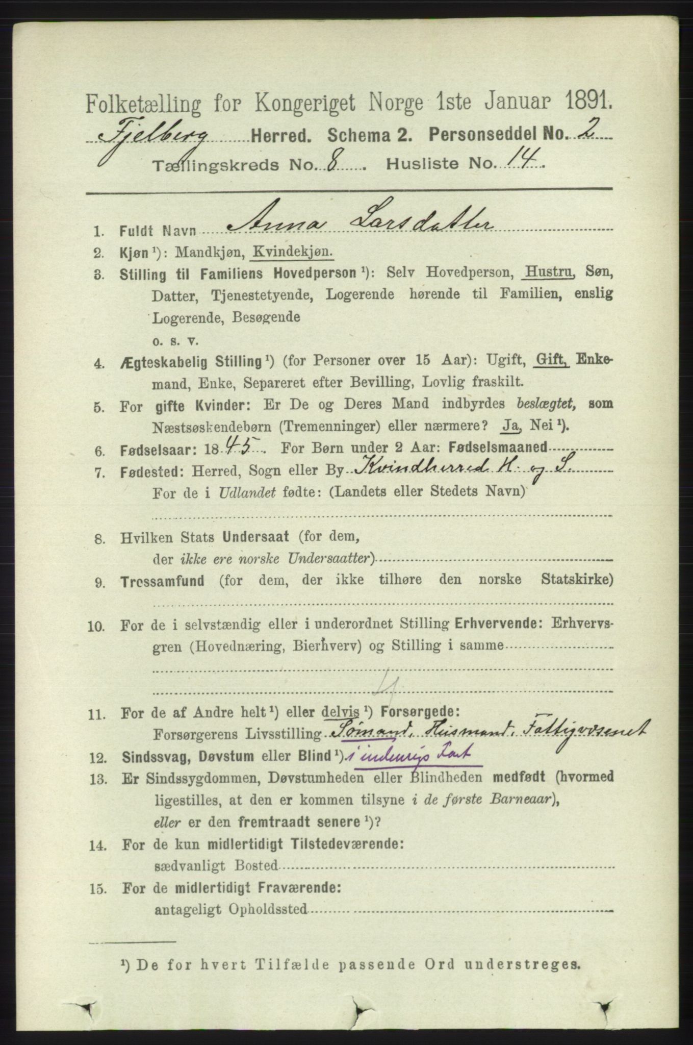 RA, 1891 census for 1213 Fjelberg, 1891, p. 3015