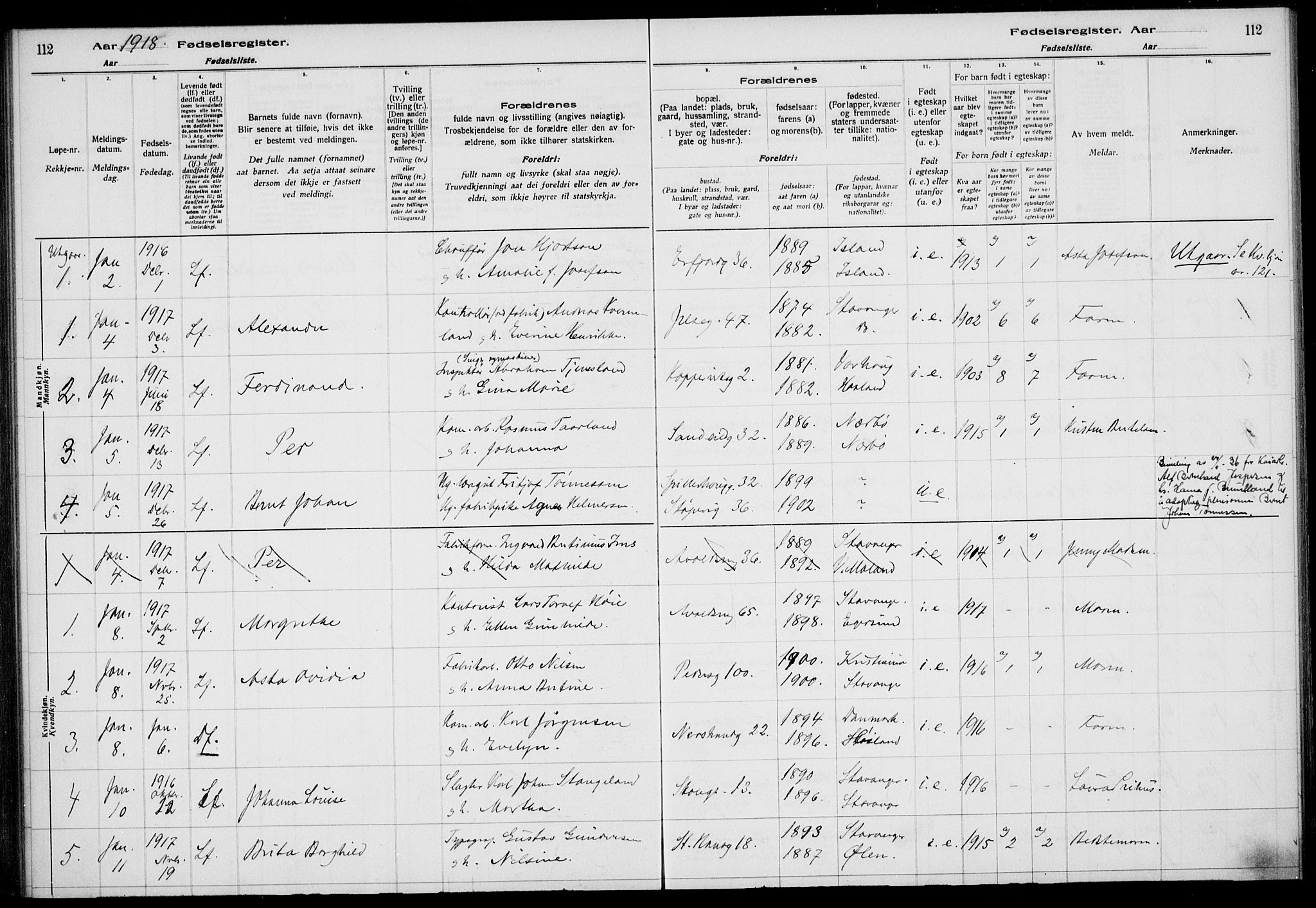 St. Johannes sokneprestkontor, SAST/A-101814/002/A/L0001: Birth register no. 1, 1916-1919, p. 112