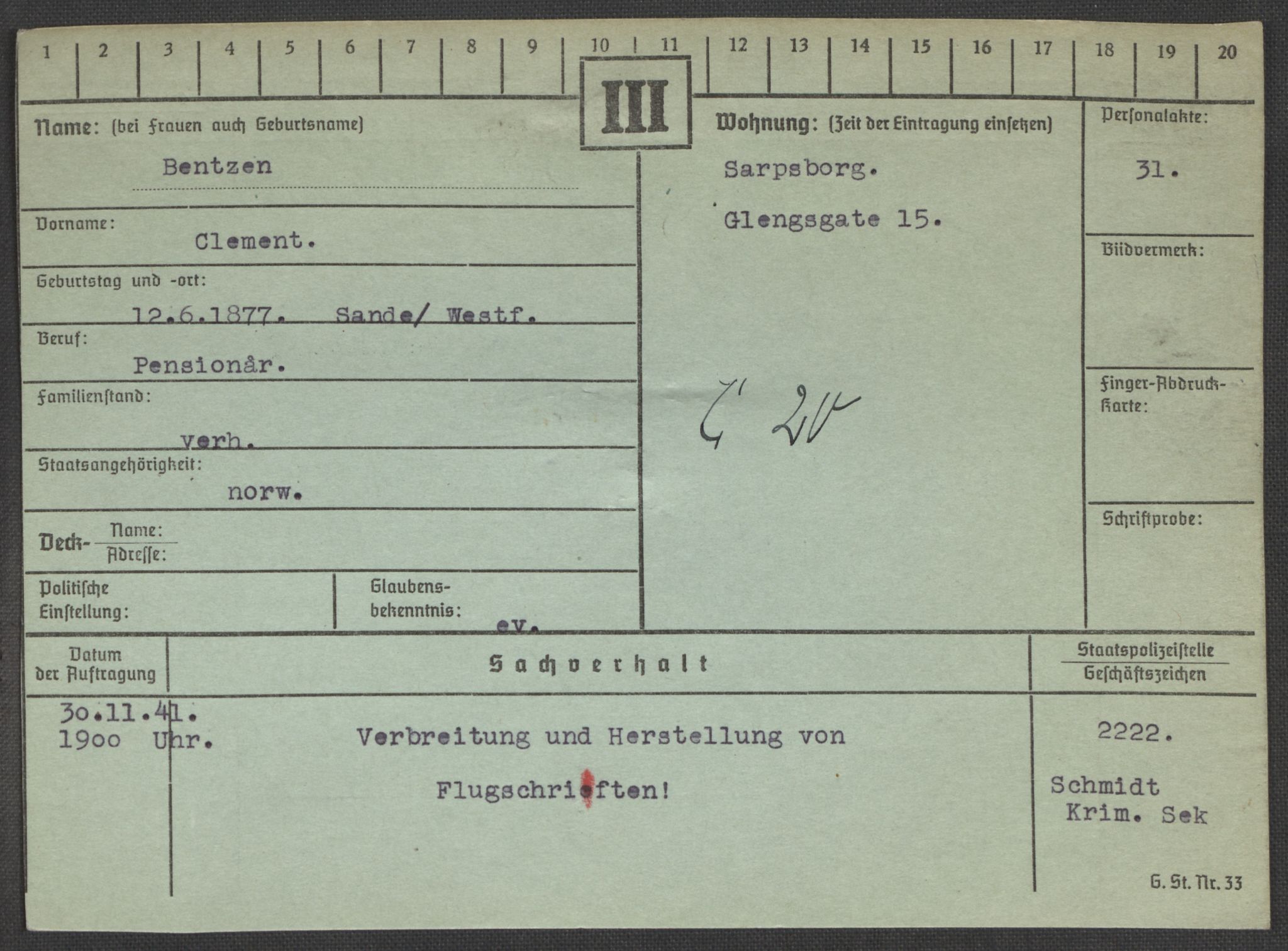 Befehlshaber der Sicherheitspolizei und des SD, RA/RAFA-5969/E/Ea/Eaa/L0001: Register over norske fanger i Møllergata 19: A-Bj, 1940-1945, p. 961