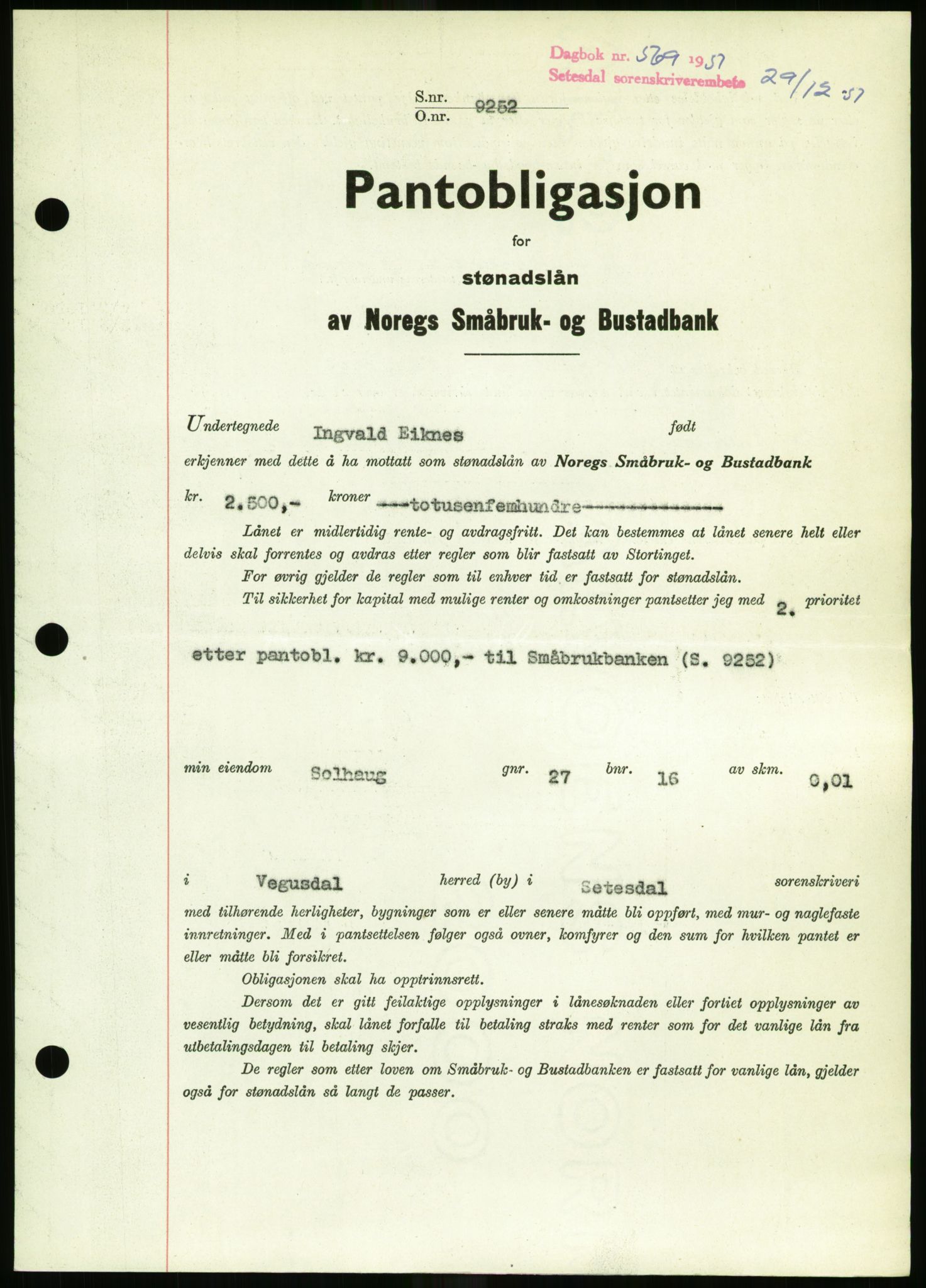 Setesdal sorenskriveri, SAK/1221-0011/G/Gb/L0050: Mortgage book no. B 38, 1949-1952, Diary no: : 569/1951