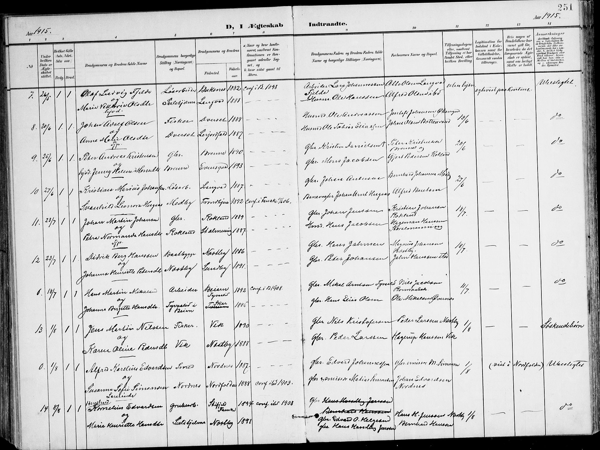 Ministerialprotokoller, klokkerbøker og fødselsregistre - Nordland, AV/SAT-A-1459/847/L0672: Parish register (official) no. 847A12, 1902-1919, p. 251