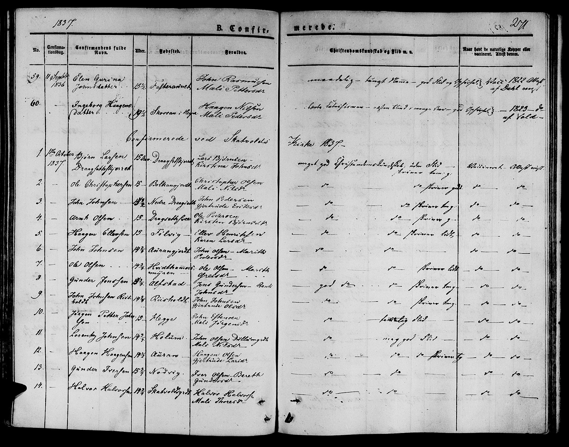 Ministerialprotokoller, klokkerbøker og fødselsregistre - Nord-Trøndelag, SAT/A-1458/709/L0071: Parish register (official) no. 709A11, 1833-1844, p. 271