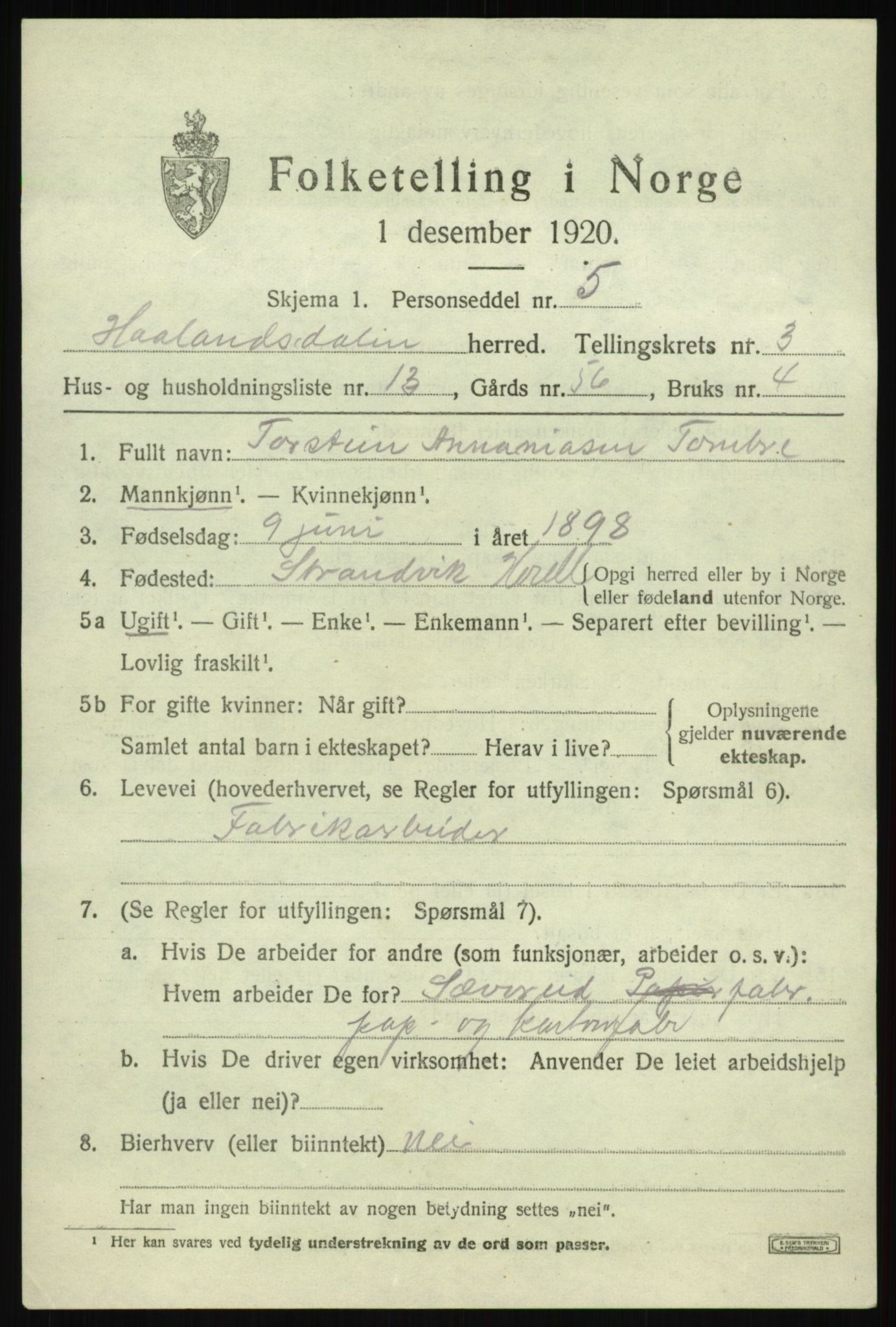 SAB, 1920 census for Hålandsdal, 1920, p. 820