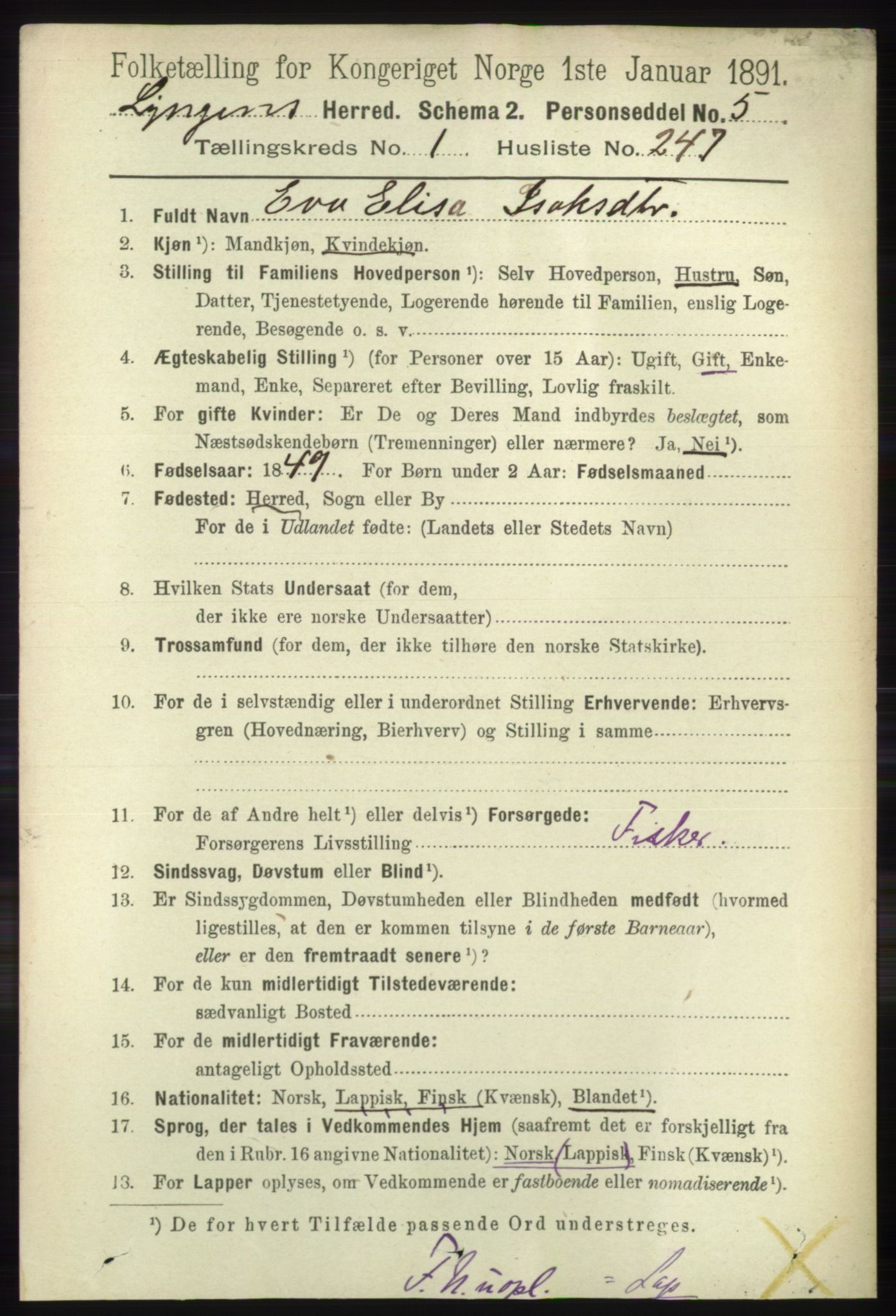 RA, 1891 census for 1938 Lyngen, 1891, p. 1921