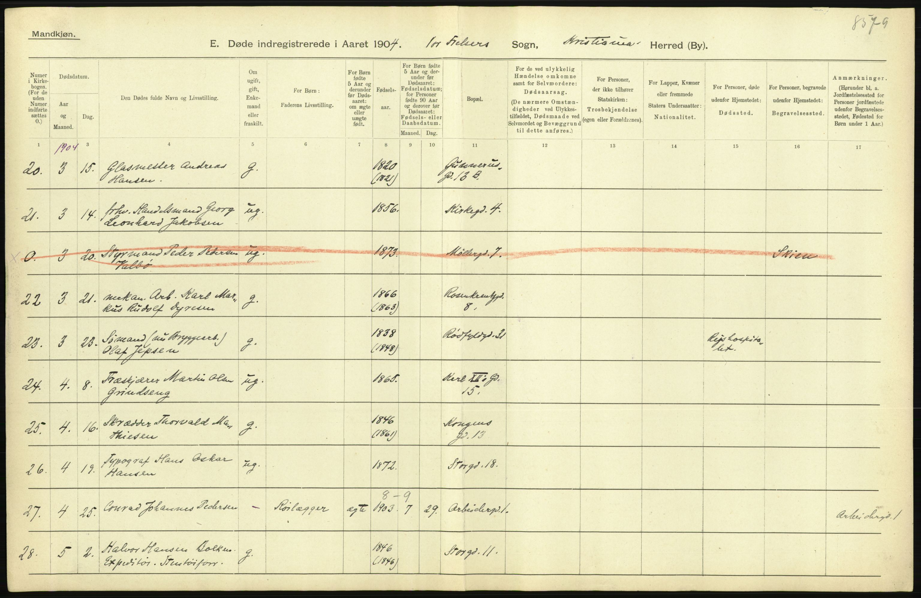 Statistisk sentralbyrå, Sosiodemografiske emner, Befolkning, AV/RA-S-2228/D/Df/Dfa/Dfab/L0004: Kristiania: Gifte, døde, 1904, p. 485