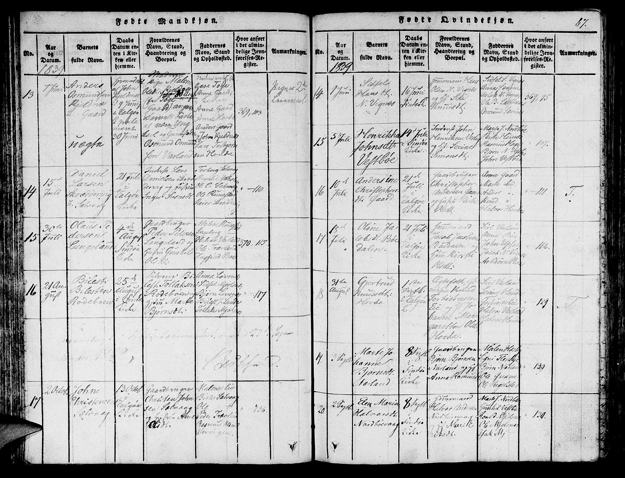 Finnøy sokneprestkontor, AV/SAST-A-101825/H/Ha/Haa/L0006: Parish register (official) no. A 6, 1816-1846, p. 67