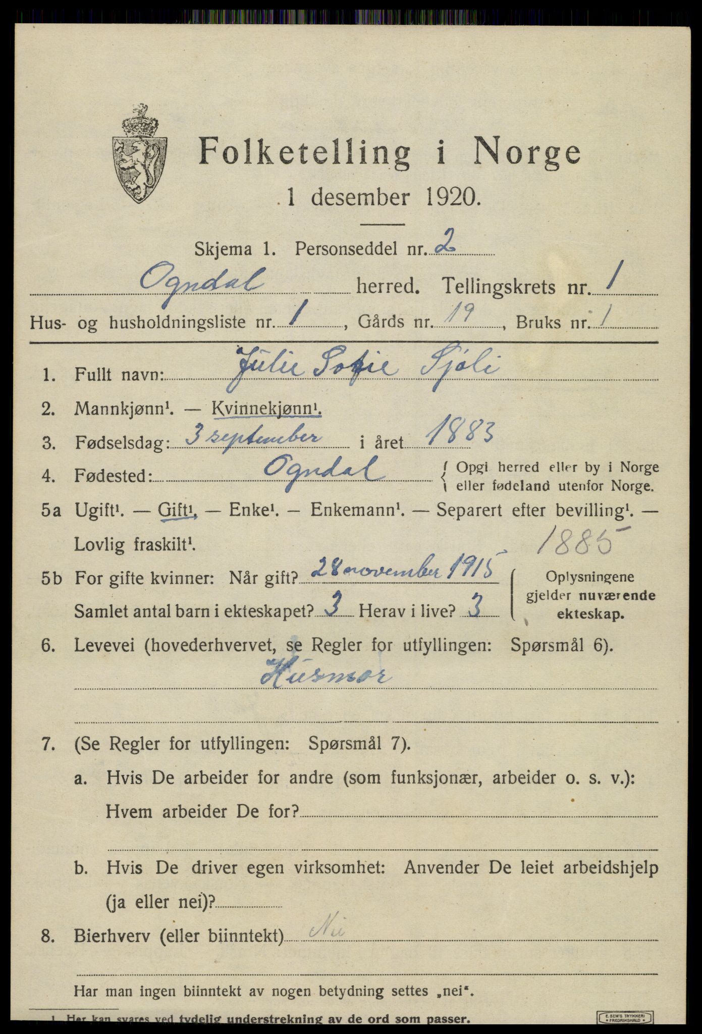 SAT, 1920 census for Ogndal, 1920, p. 497