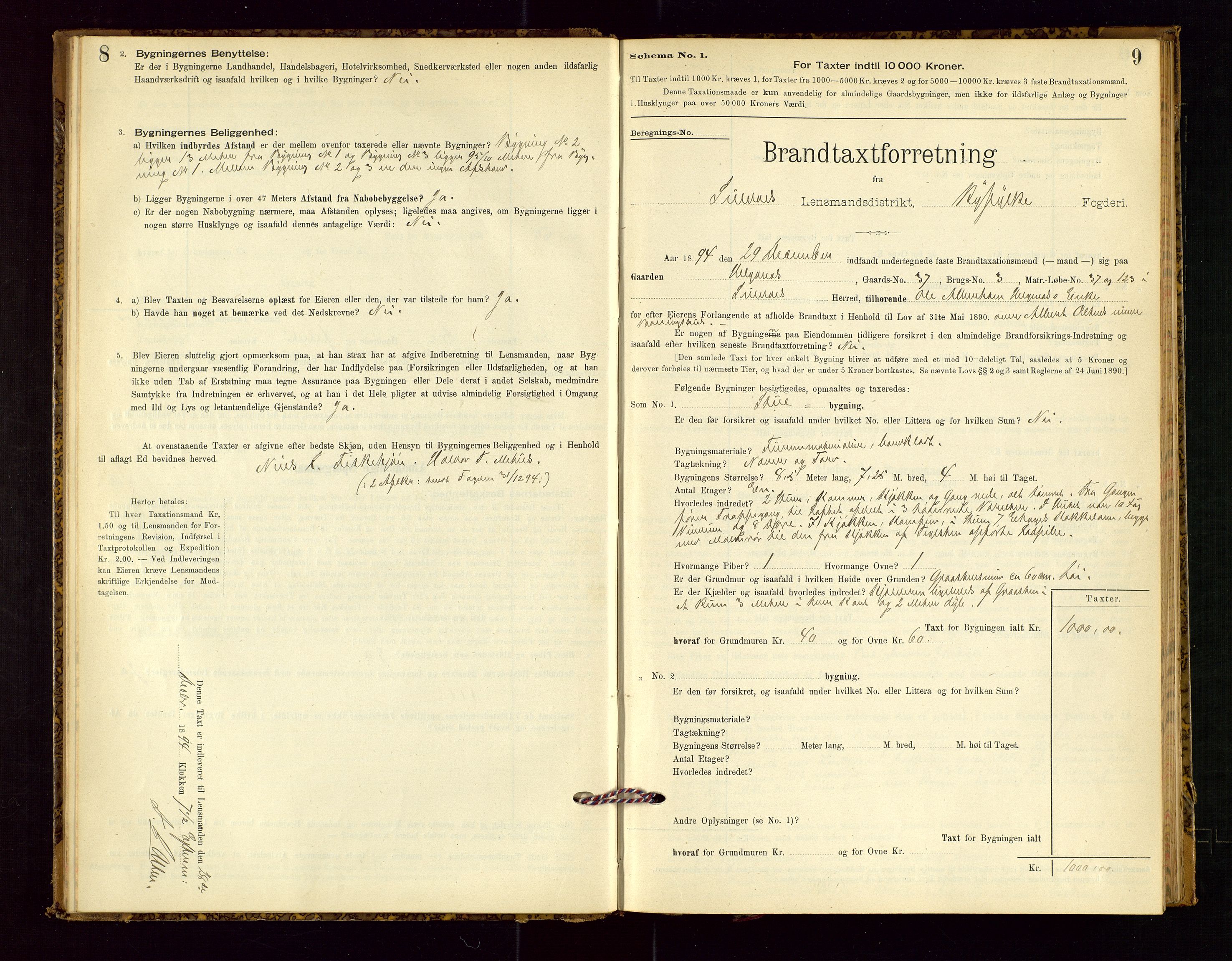 Suldal lensmannskontor, SAST/A-100419/Gob/L0001: "Brandtaxationsprotokol", 1894-1923, p. 8-9