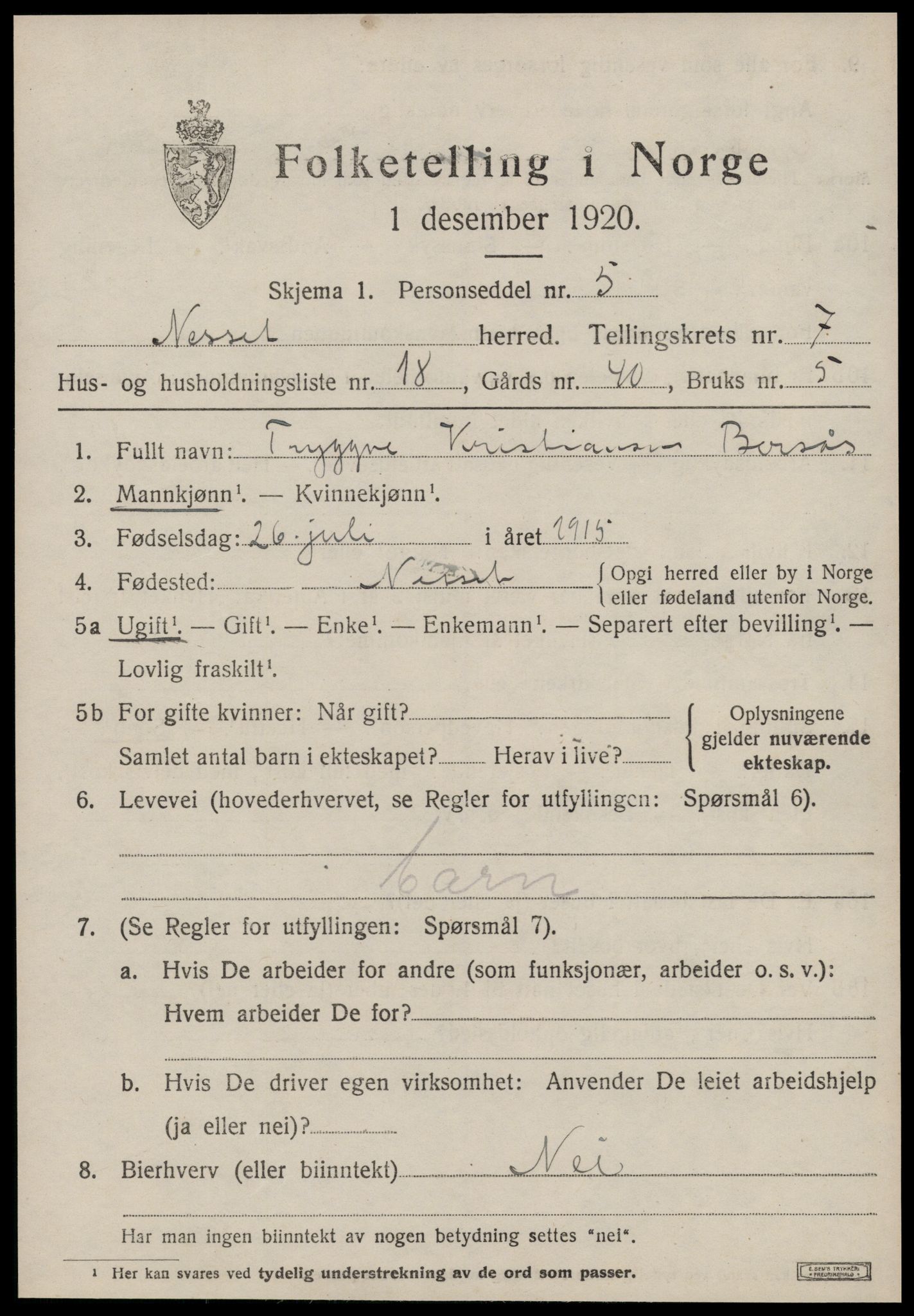 SAT, 1920 census for Nesset, 1920, p. 3462