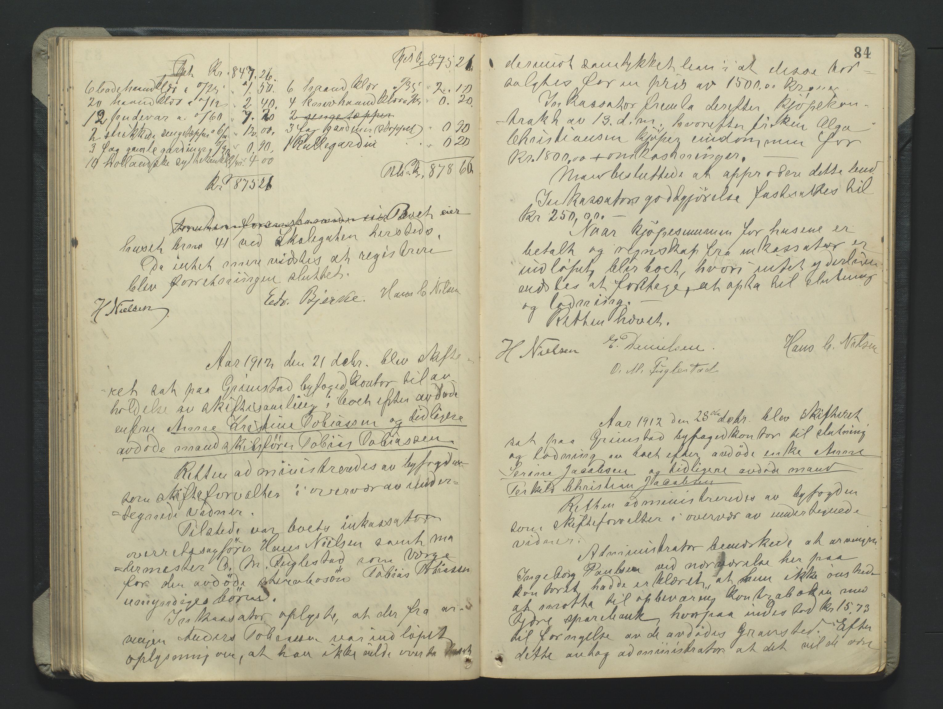 Grimstad byfogd, AV/SAK-1222-0003/H/Hc/L0009: Skifteprotokoll nr. 9, 1908-1918, p. 84