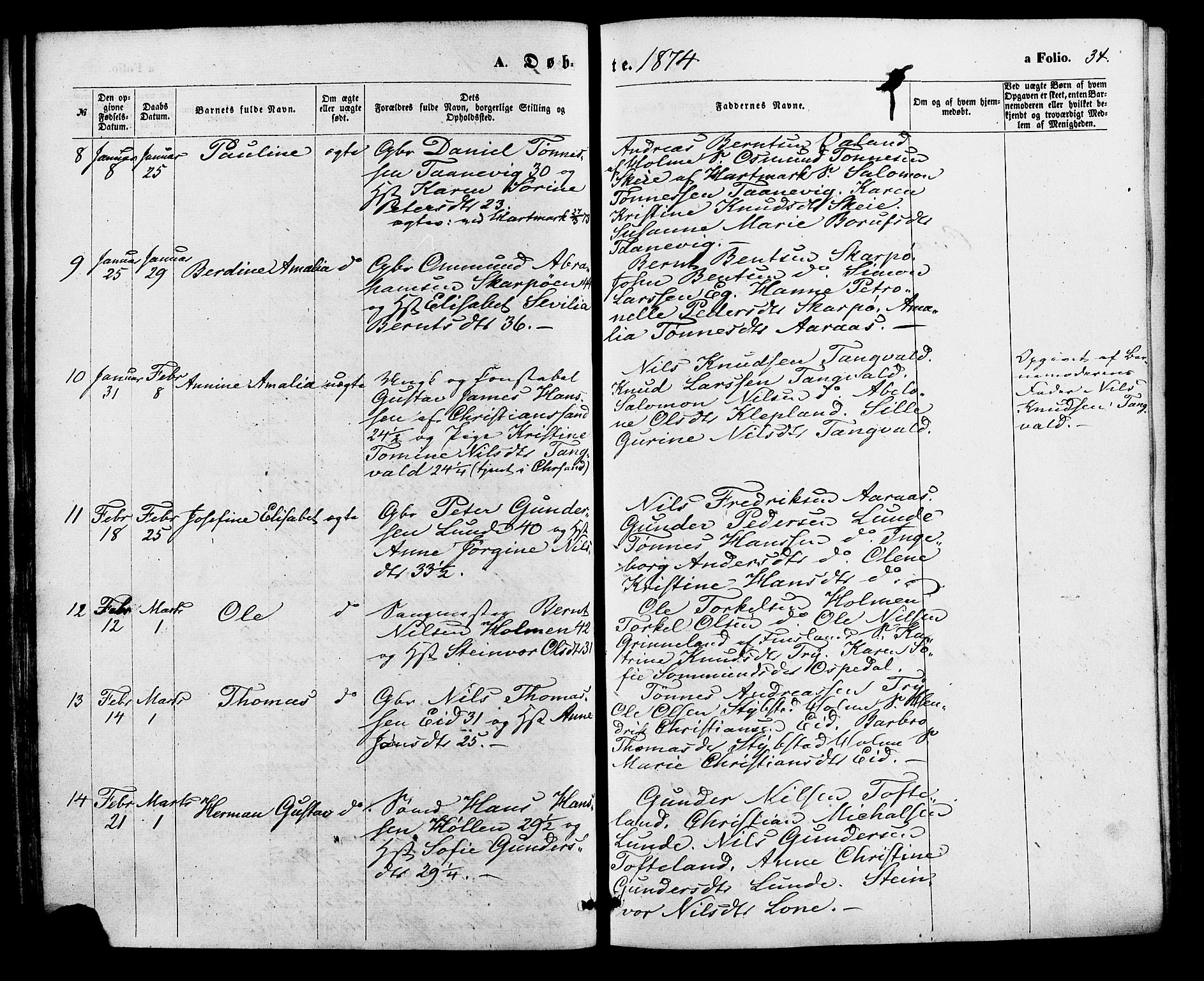 Søgne sokneprestkontor, SAK/1111-0037/F/Fa/Fab/L0011: Parish register (official) no. A 11, 1869-1879, p. 34