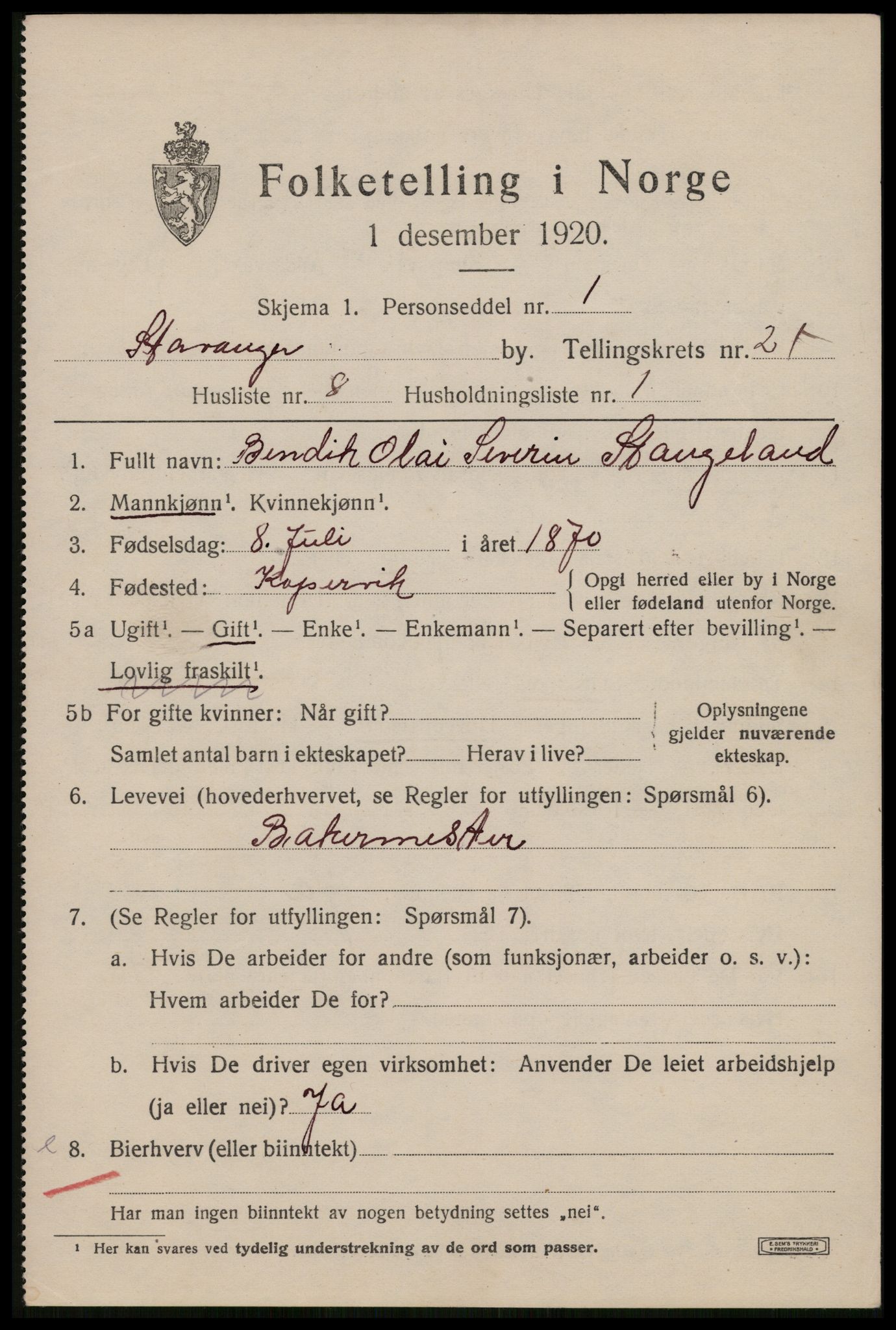 SAST, 1920 census for Stavanger, 1920, p. 72104