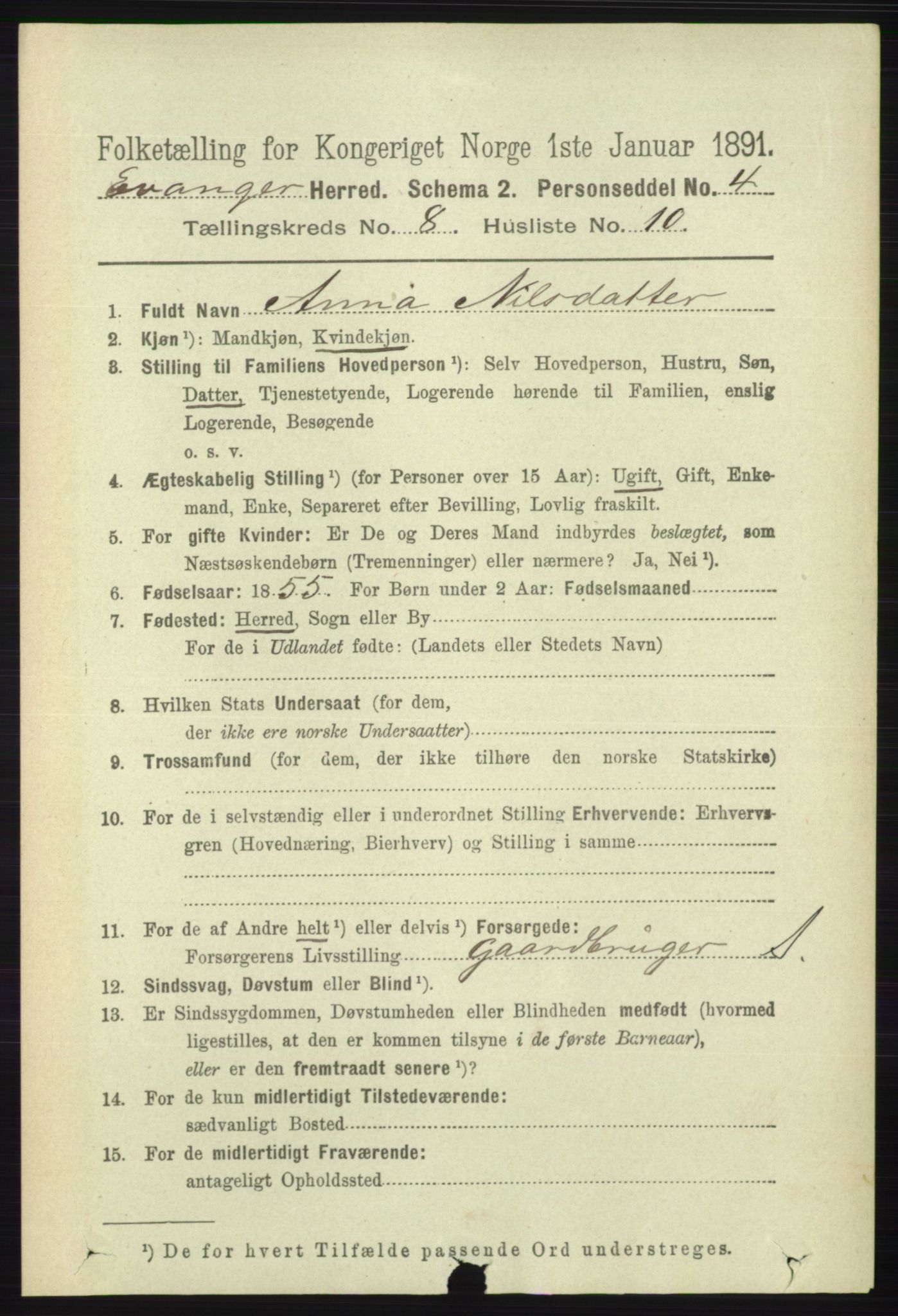 RA, 1891 census for 1237 Evanger, 1891, p. 2318