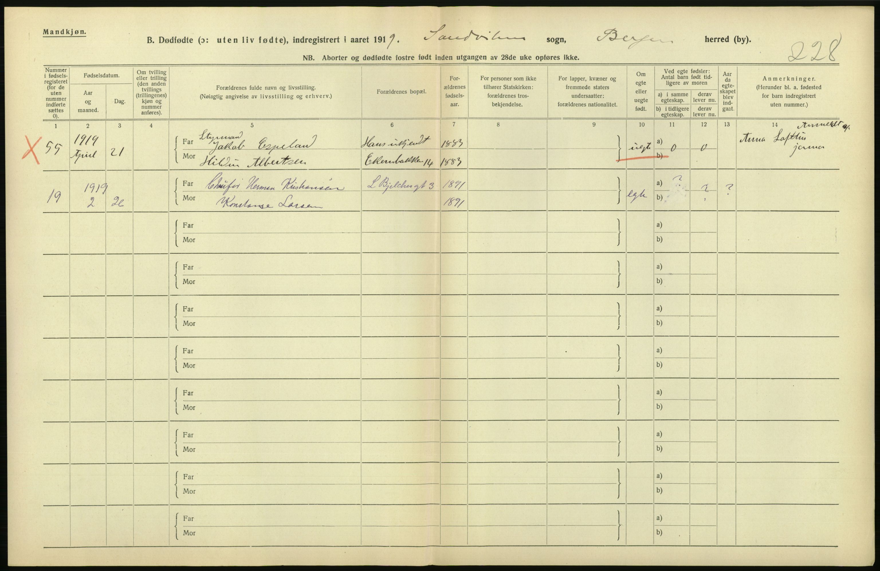 Statistisk sentralbyrå, Sosiodemografiske emner, Befolkning, AV/RA-S-2228/D/Df/Dfb/Dfbi/L0035: Bergen: Gifte, døde, dødfødte., 1919, p. 738