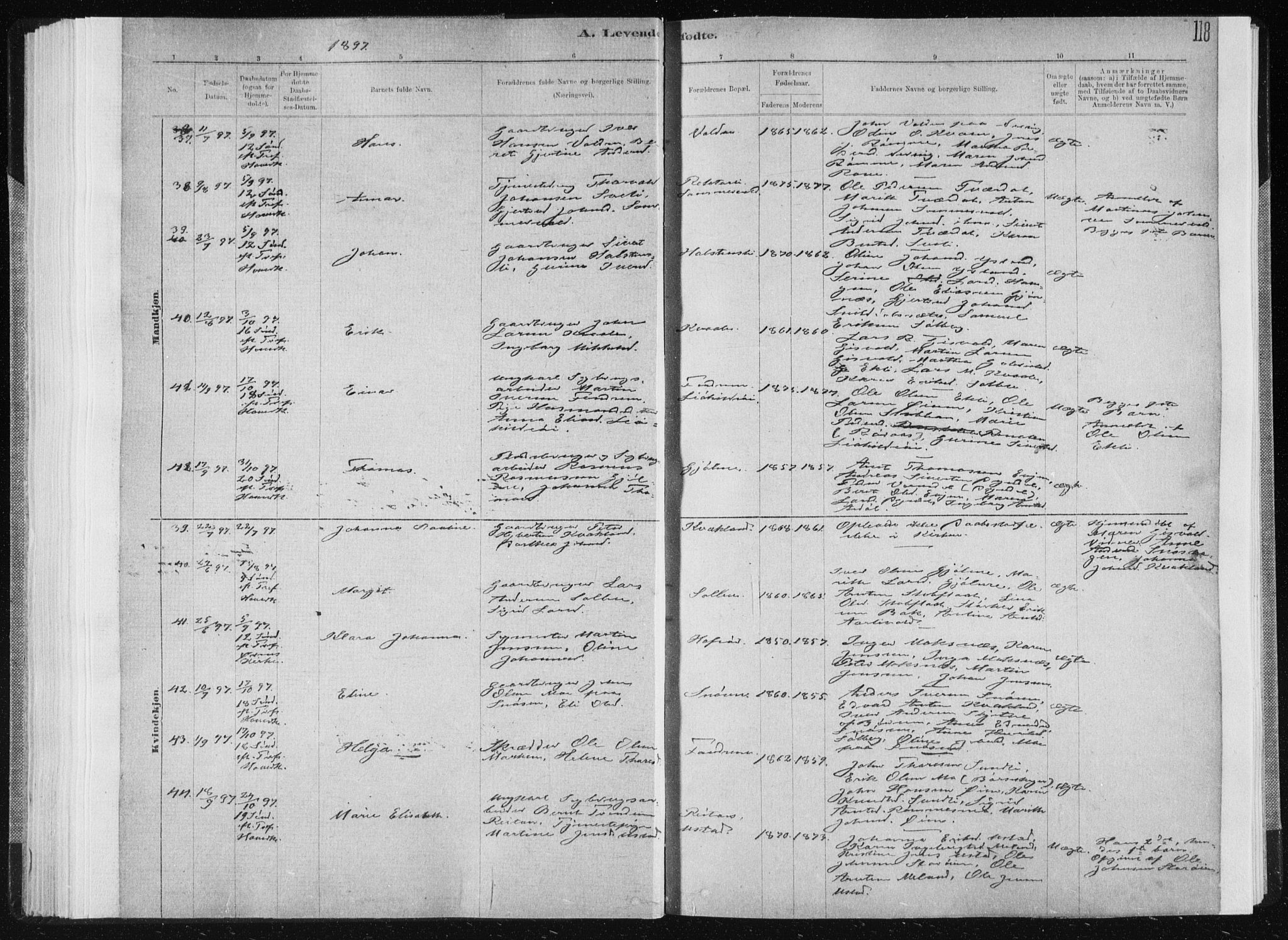 Ministerialprotokoller, klokkerbøker og fødselsregistre - Sør-Trøndelag, SAT/A-1456/668/L0818: Parish register (copy) no. 668C07, 1885-1898, p. 118