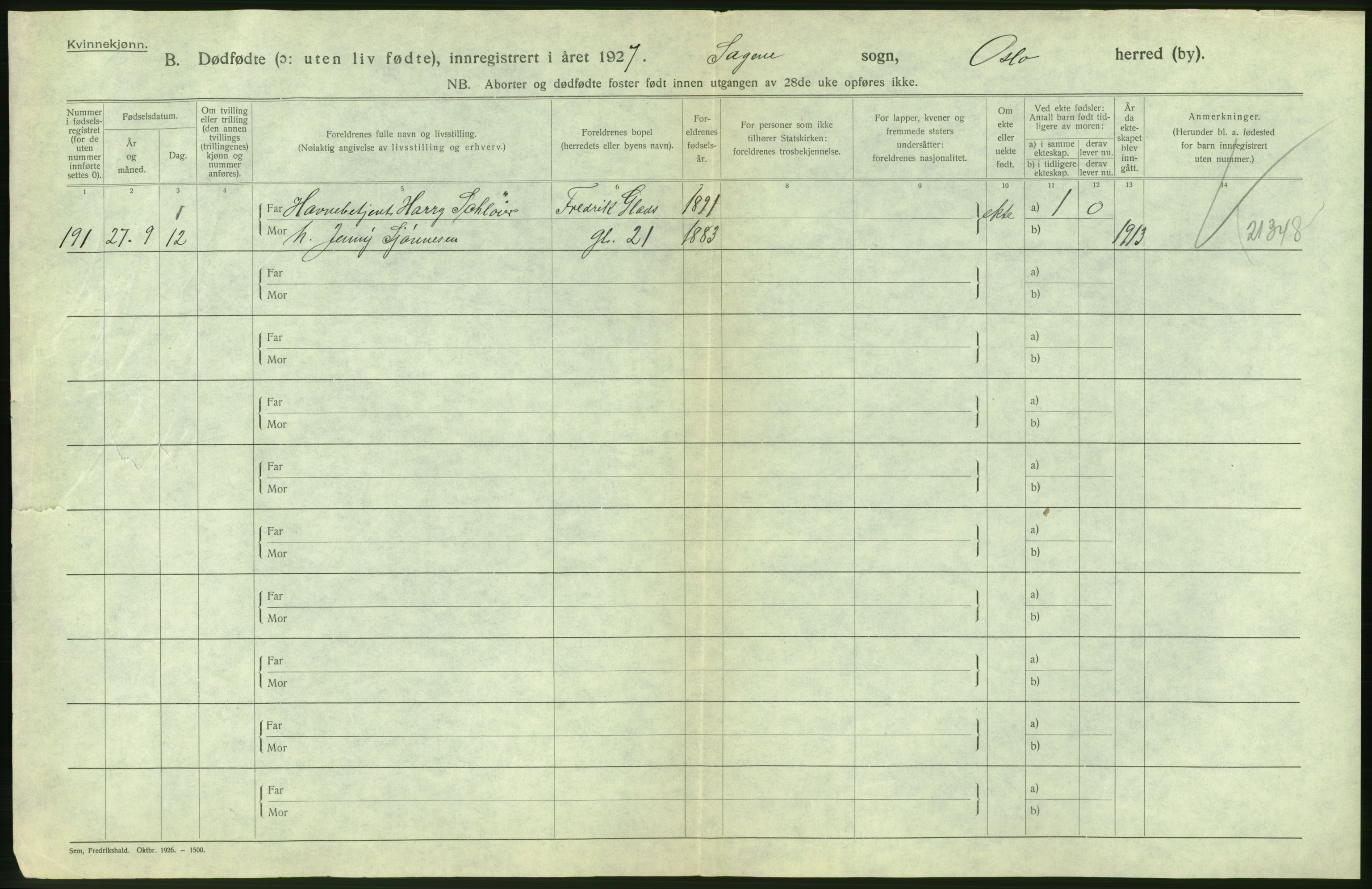 Statistisk sentralbyrå, Sosiodemografiske emner, Befolkning, AV/RA-S-2228/D/Df/Dfc/Dfcg/L0010: Oslo: Døde kvinner, dødfødte, 1927, p. 18