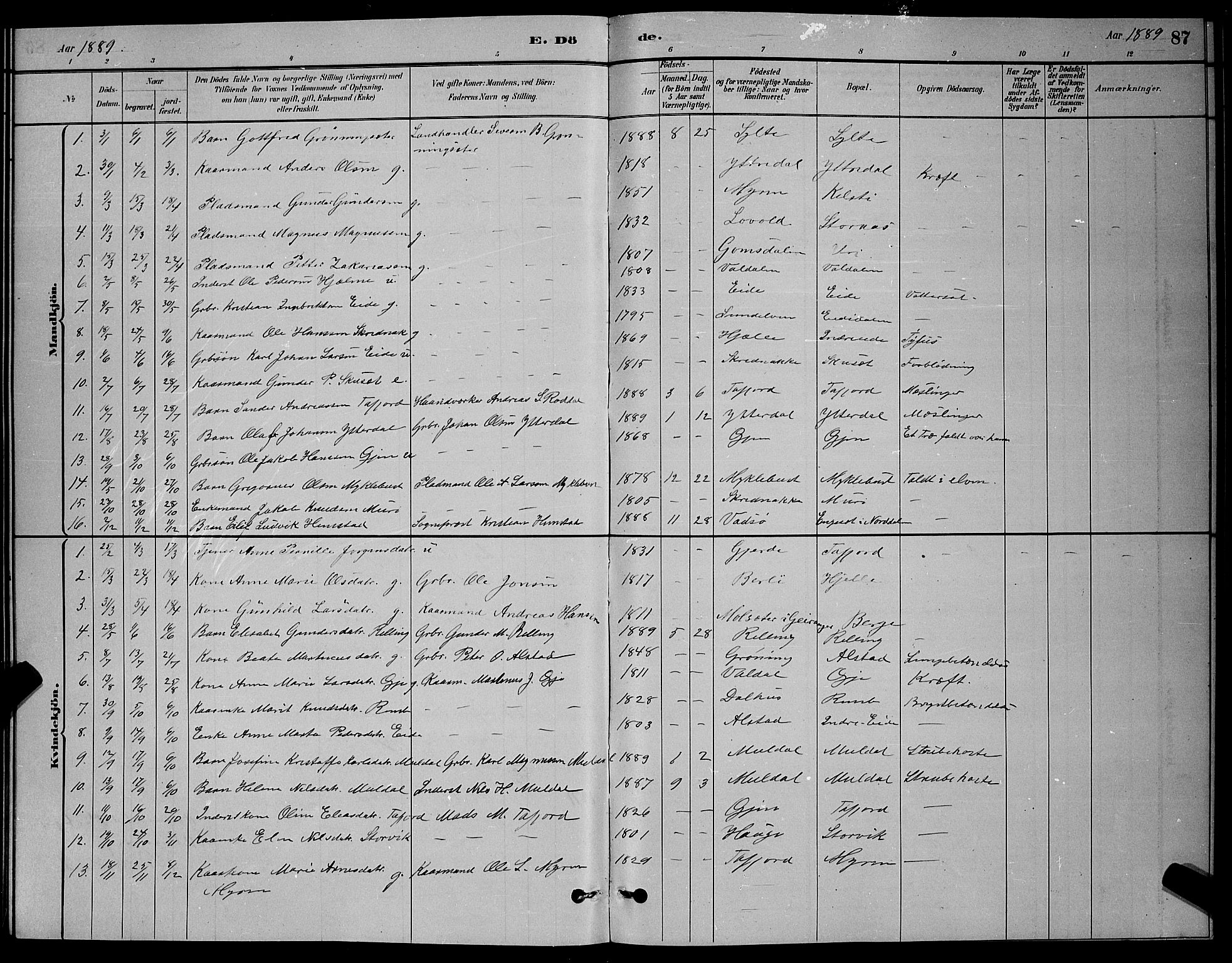 Ministerialprotokoller, klokkerbøker og fødselsregistre - Møre og Romsdal, AV/SAT-A-1454/519/L0263: Parish register (copy) no. 519C04, 1885-1892, p. 87