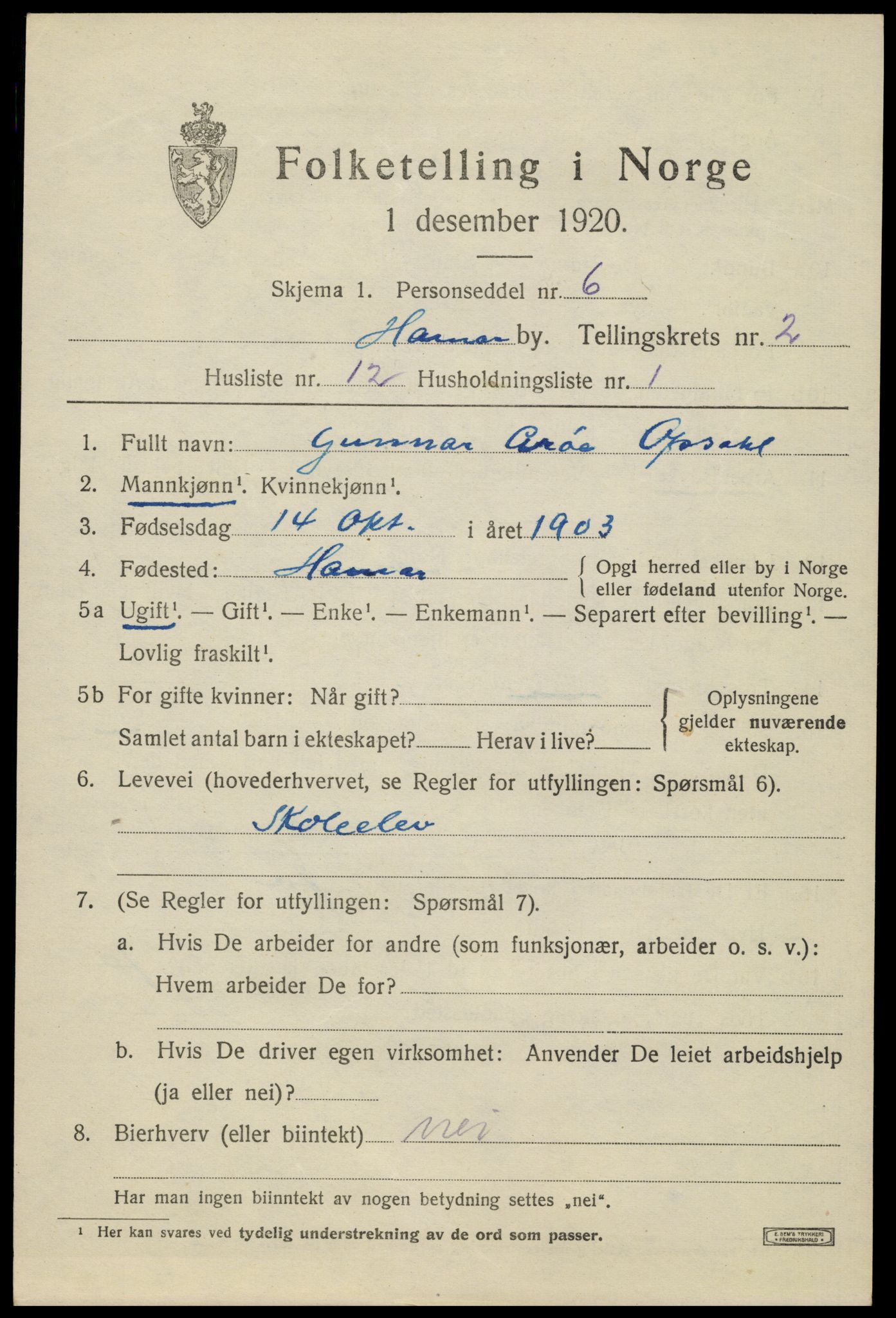 SAH, 1920 census for Hamar, 1920, p. 6085