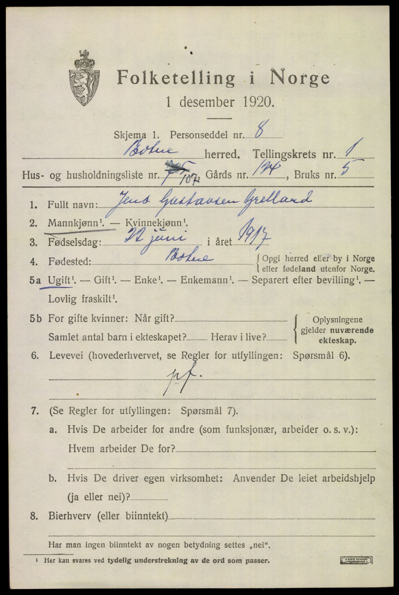 SAKO, 1920 census for Botne, 1920, p. 2115