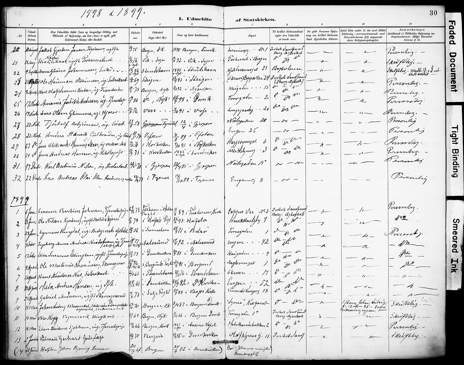 Domkirken sokneprestembete, SAB/A-74801/H/Haa: Parish register (official) no. I 1, 1887-1908, p. 30