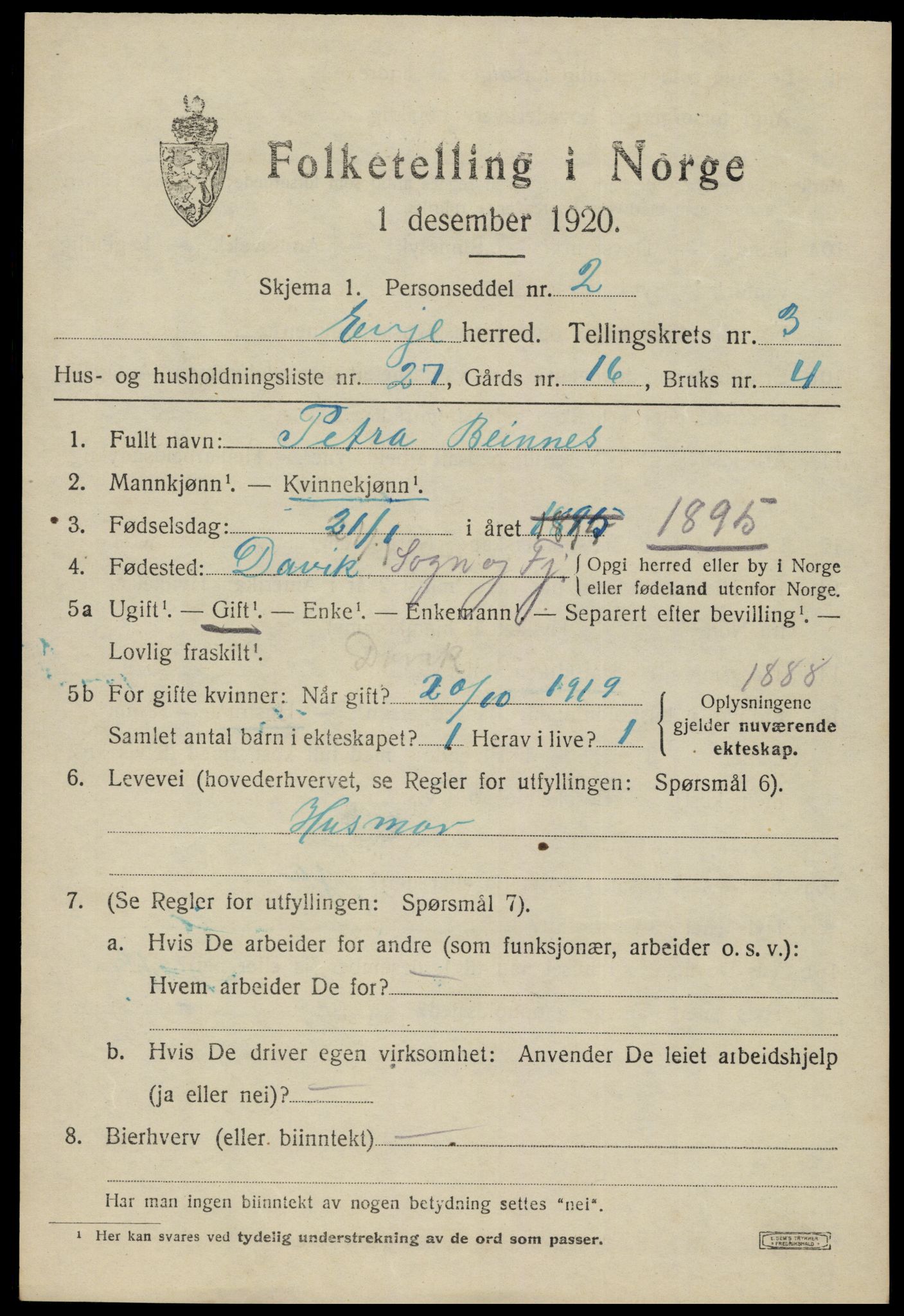 SAK, 1920 census for Evje, 1920, p. 1308