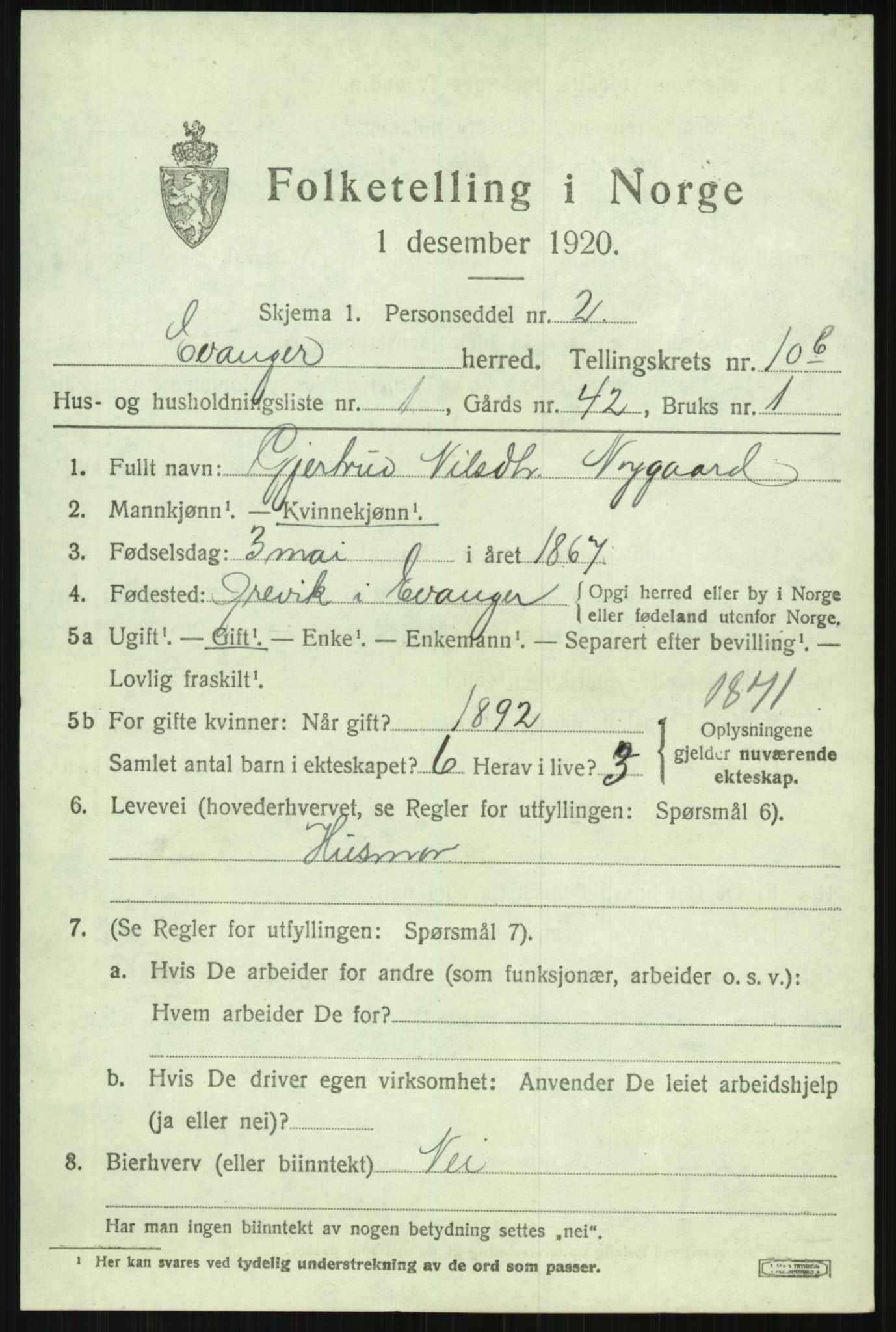 SAB, 1920 census for Evanger, 1920, p. 3351