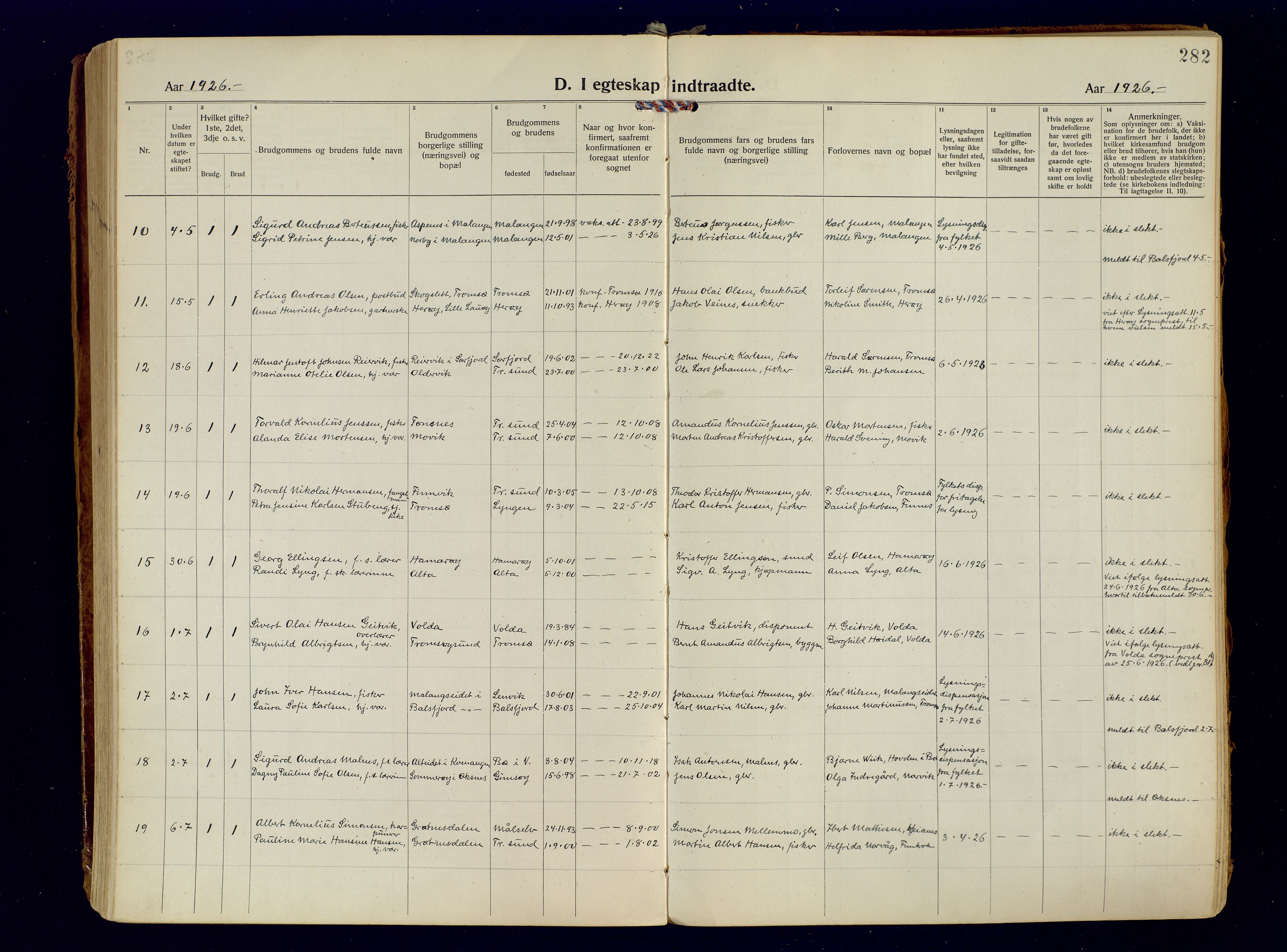 Tromsøysund sokneprestkontor, AV/SATØ-S-1304/G/Ga/L0009kirke: Parish register (official) no. 9, 1922-1934, p. 282