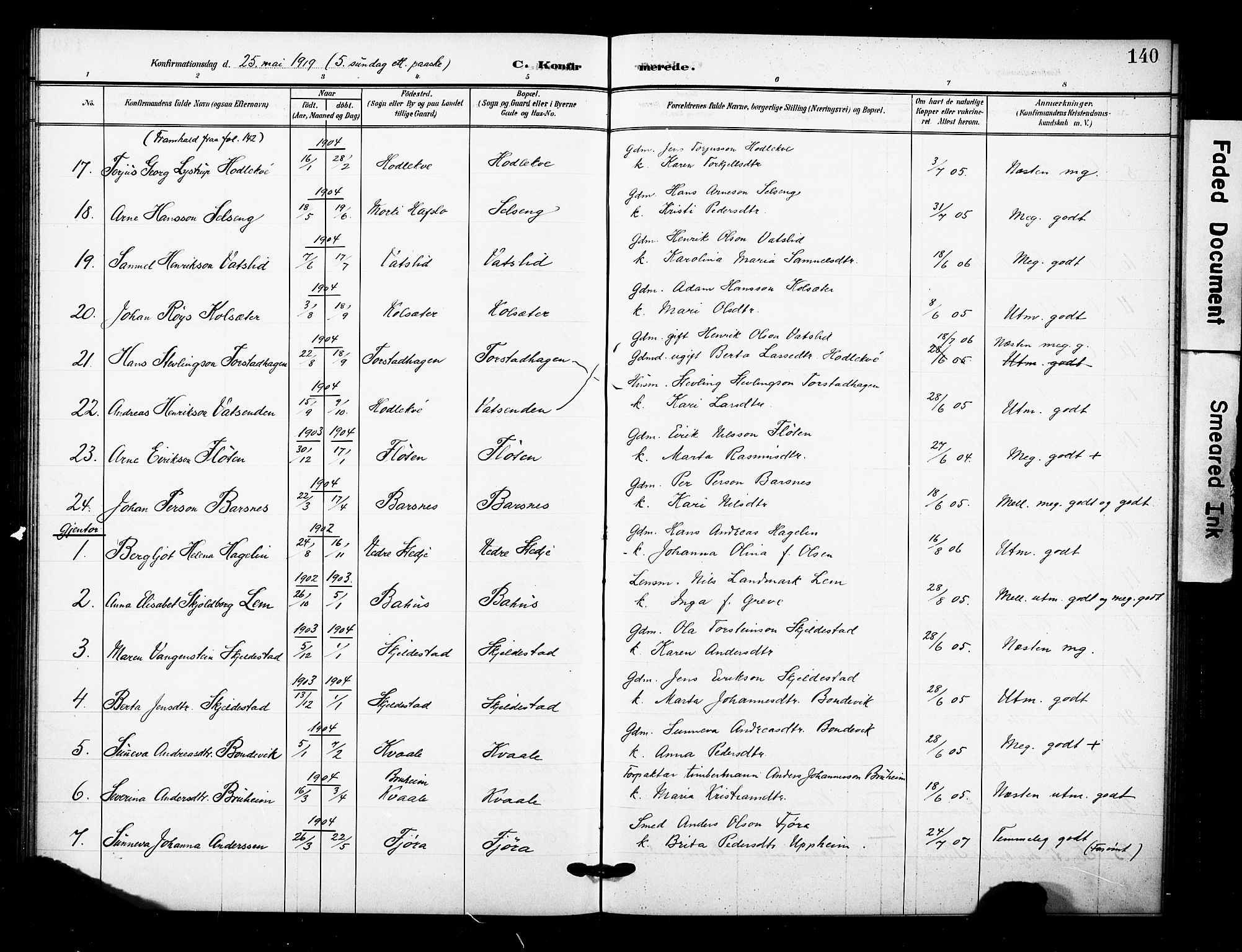 Sogndal sokneprestembete, AV/SAB-A-81301/H/Hab/Haba/L0002: Parish register (copy) no. A 2, 1908-1924, p. 140