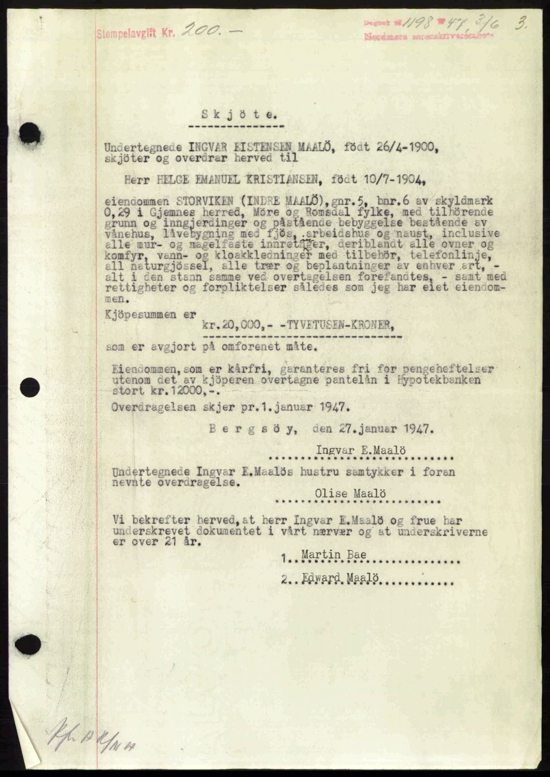 Nordmøre sorenskriveri, AV/SAT-A-4132/1/2/2Ca: Mortgage book no. A105, 1947-1947, Diary no: : 1198/1947