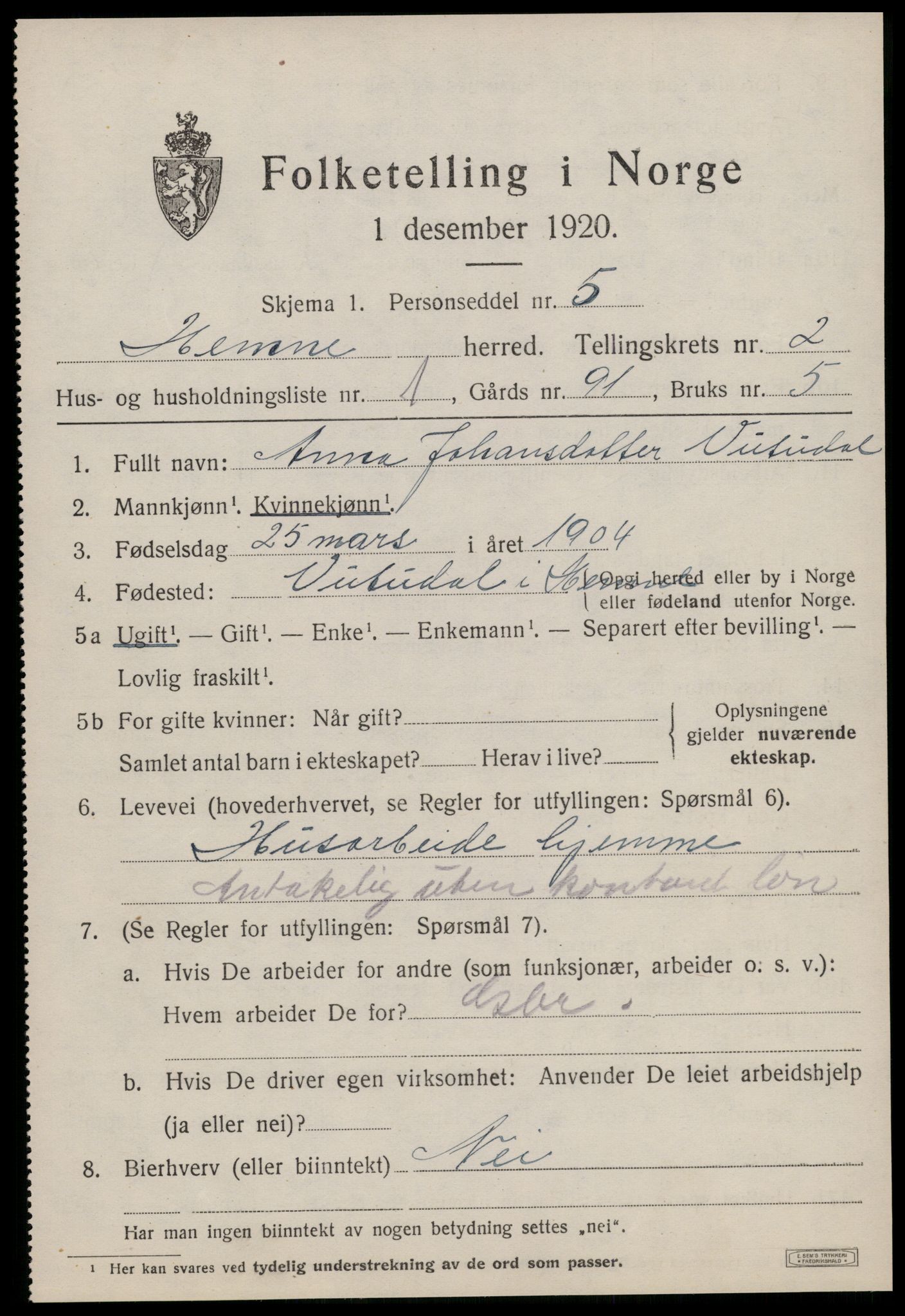 SAT, 1920 census for Hemne, 1920, p. 1814