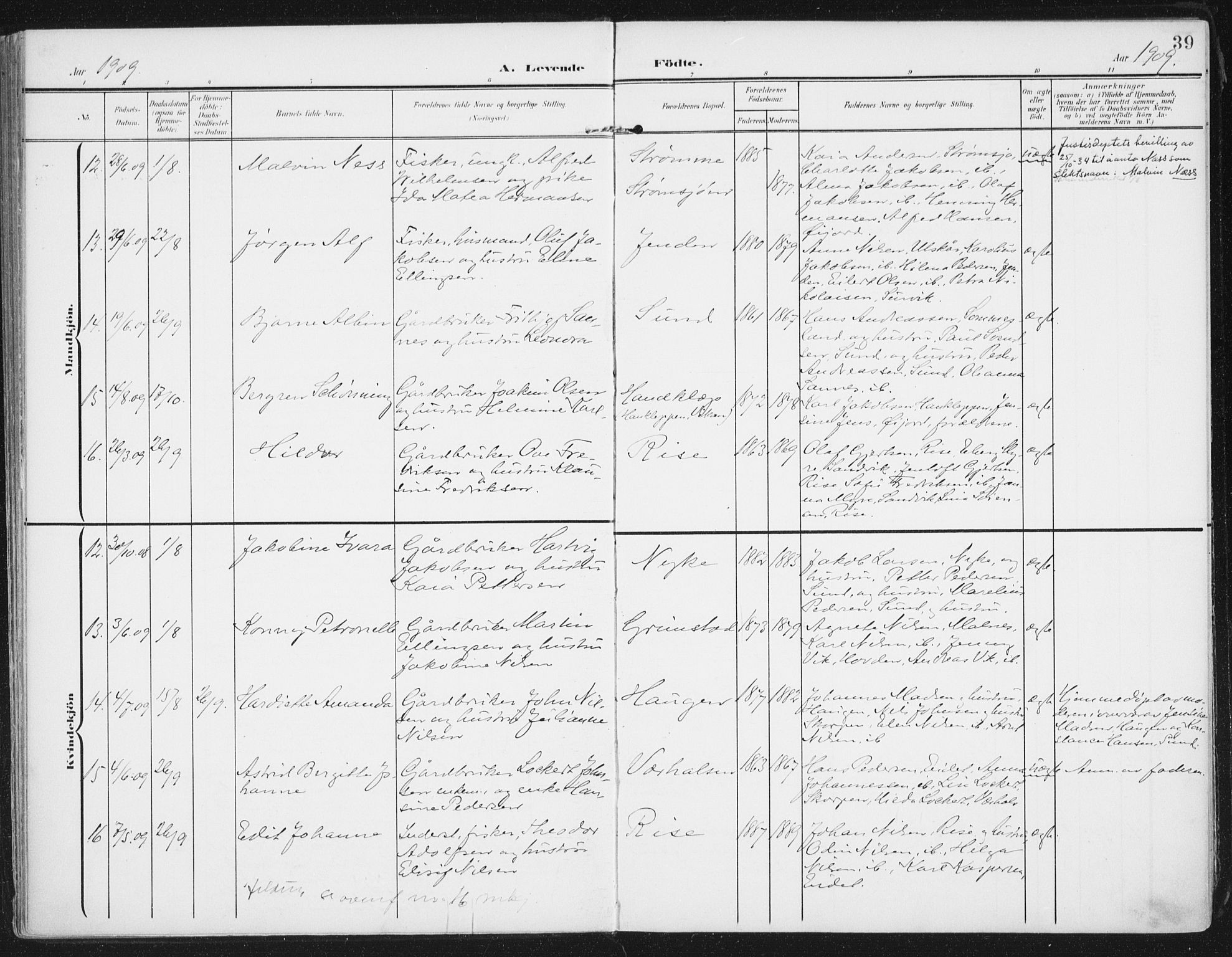 Ministerialprotokoller, klokkerbøker og fødselsregistre - Nordland, SAT/A-1459/892/L1321: Parish register (official) no. 892A02, 1902-1918, p. 39