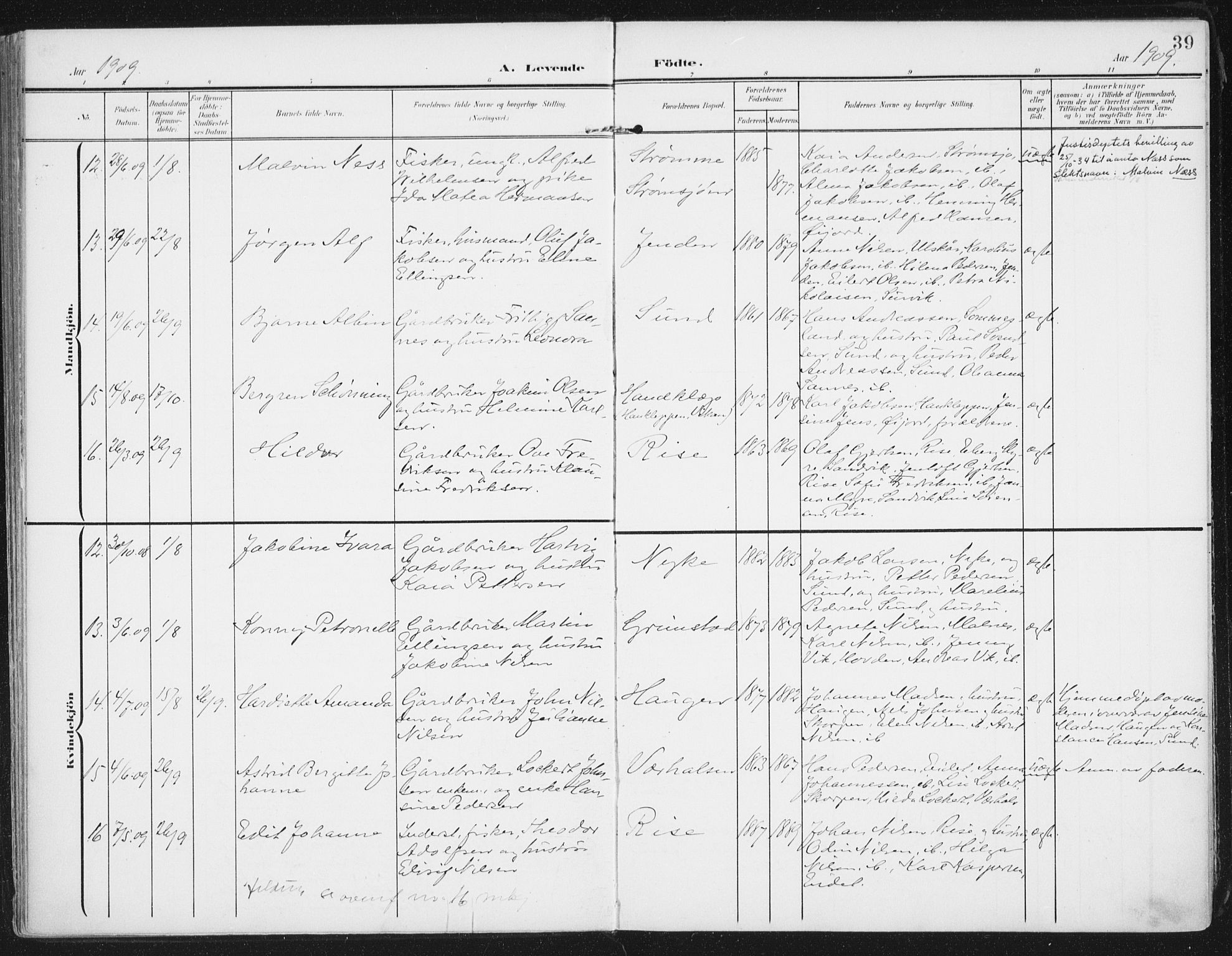 Ministerialprotokoller, klokkerbøker og fødselsregistre - Nordland, AV/SAT-A-1459/892/L1321: Parish register (official) no. 892A02, 1902-1918, p. 39